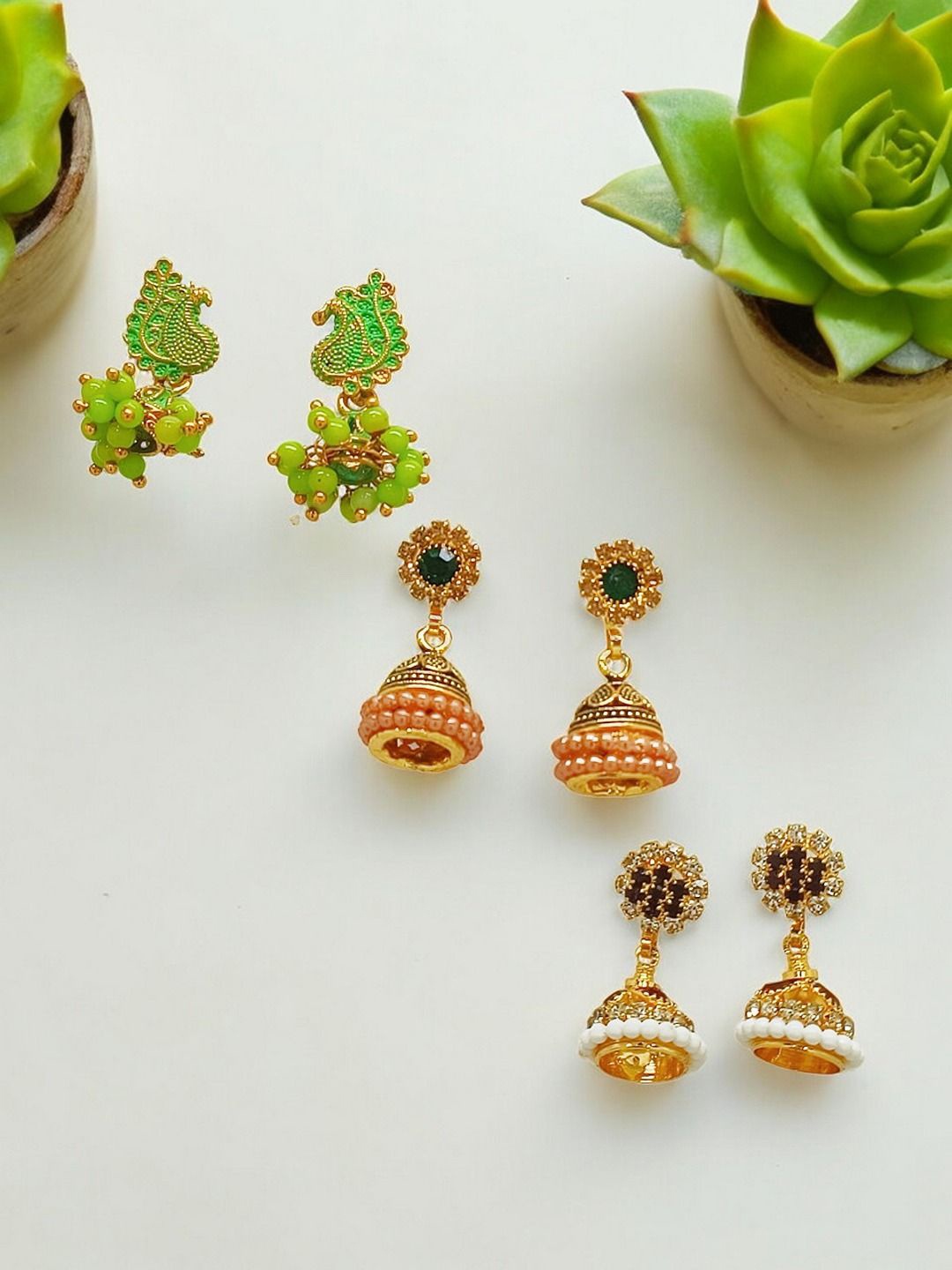 

9blings Set Of 3 Gold-Plated Dome Shaped Stone Studded Jhumkas