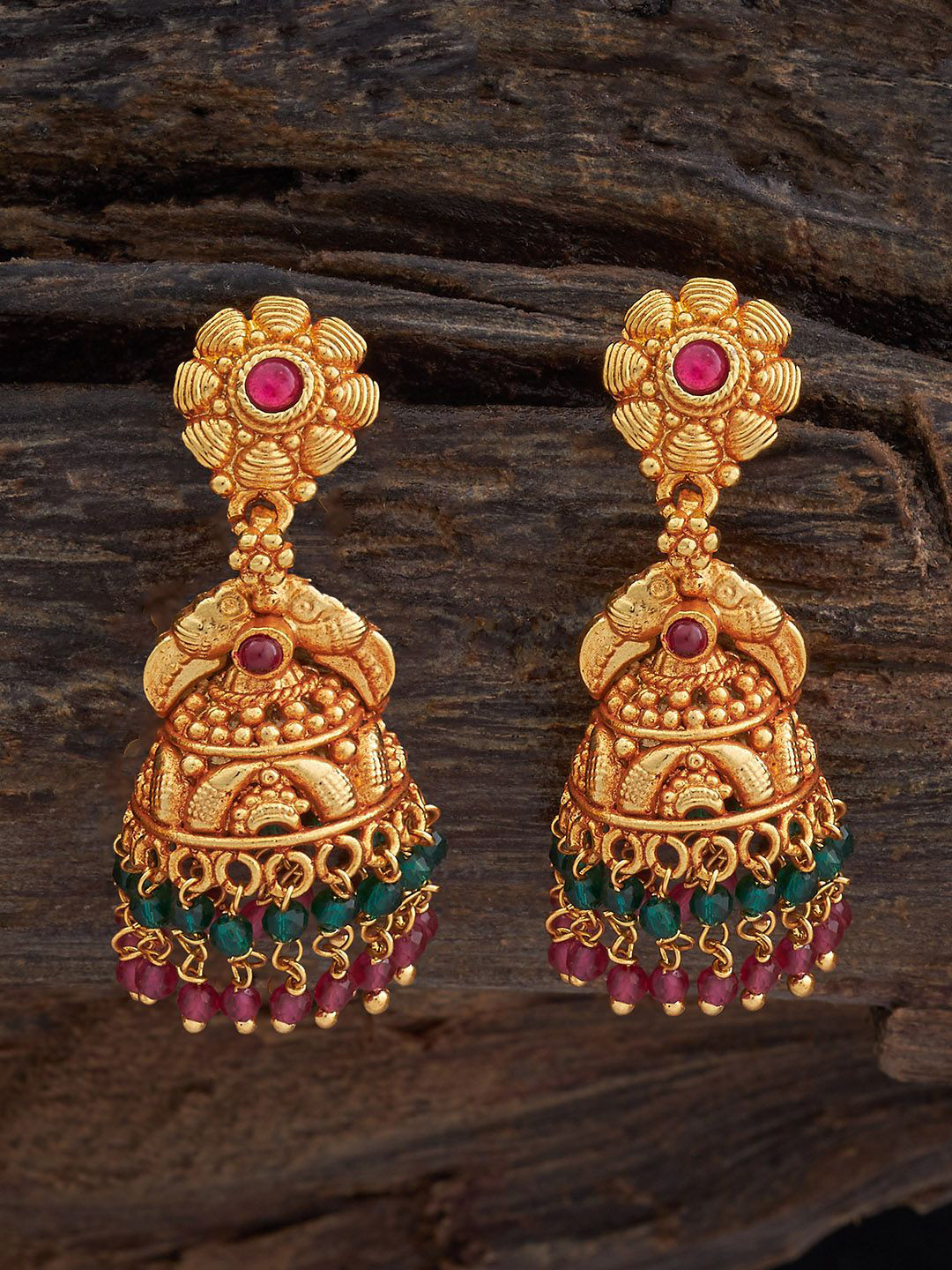 

Kushal's Fashion Jewellery Gold Plated Stone Studded & Beaded Dome Shaped Jhumkas