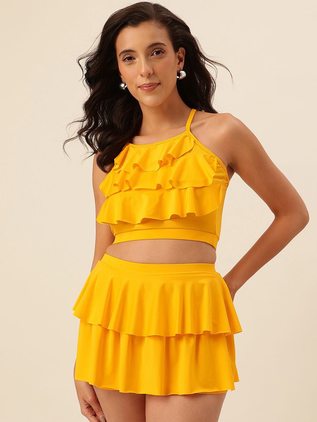 

CUKOO Women Shoulder Straps Swim Padded Tankini Set, Yellow