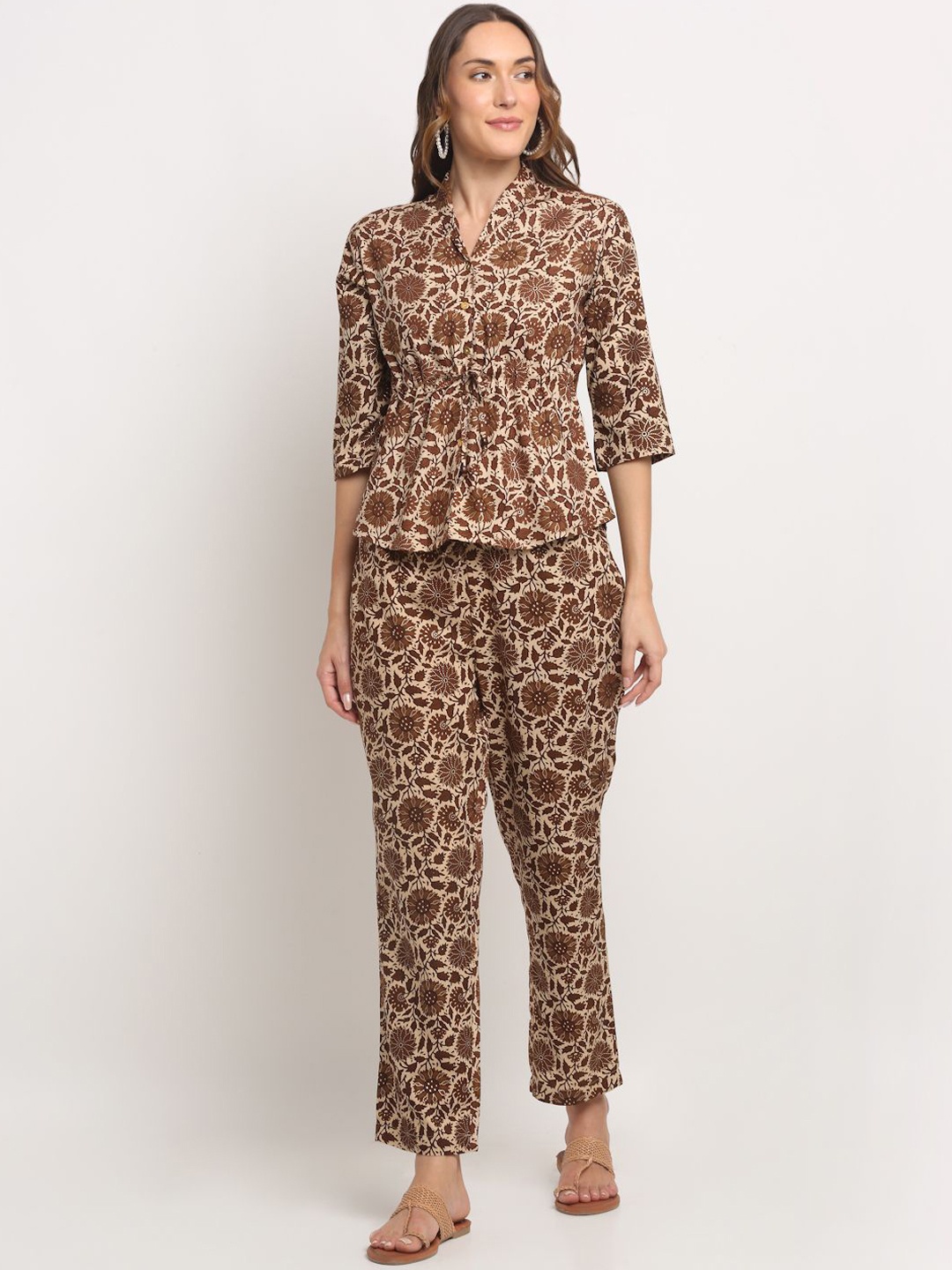 

KALINI Shawl Neck Floral Printed Top With Trousers, Brown