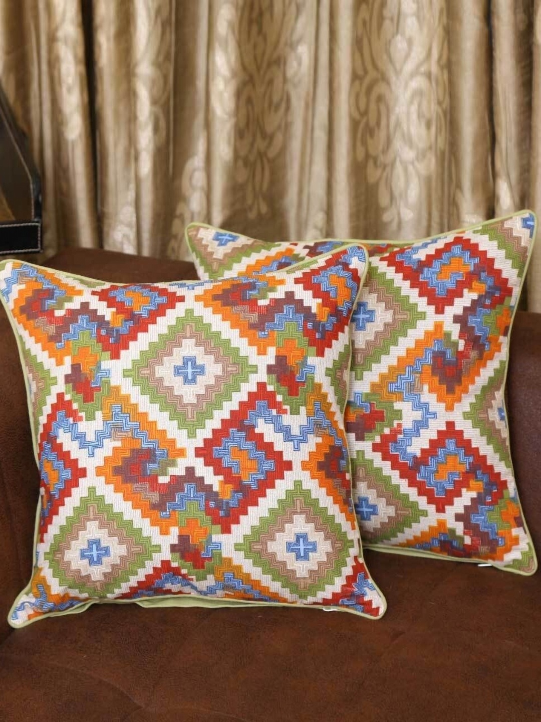 

BILBERRY Furnishing by preeti grover Green & Blue Set of 2 Ethnic Motifs Square Cushion Covers