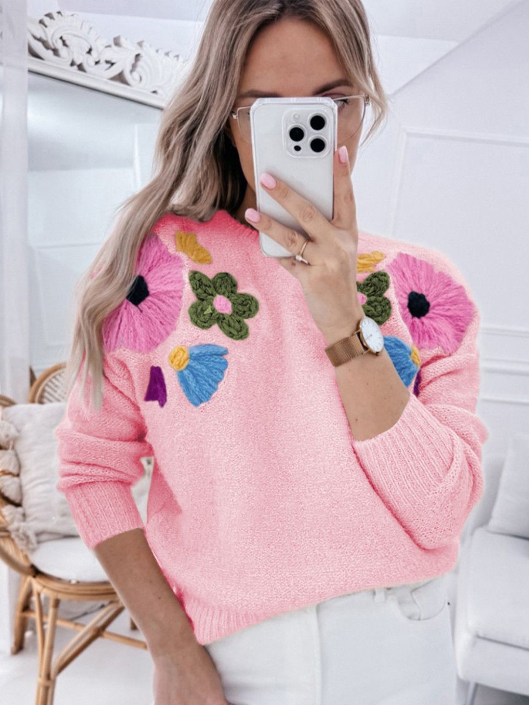 

StyleCast Women Floral Embroidered Pullover Sweater, Pink