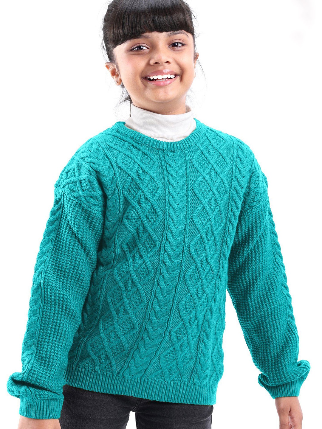 

Honeyhap Kids - Unisex Self Design Cable Knit Pullover Sweater, Teal