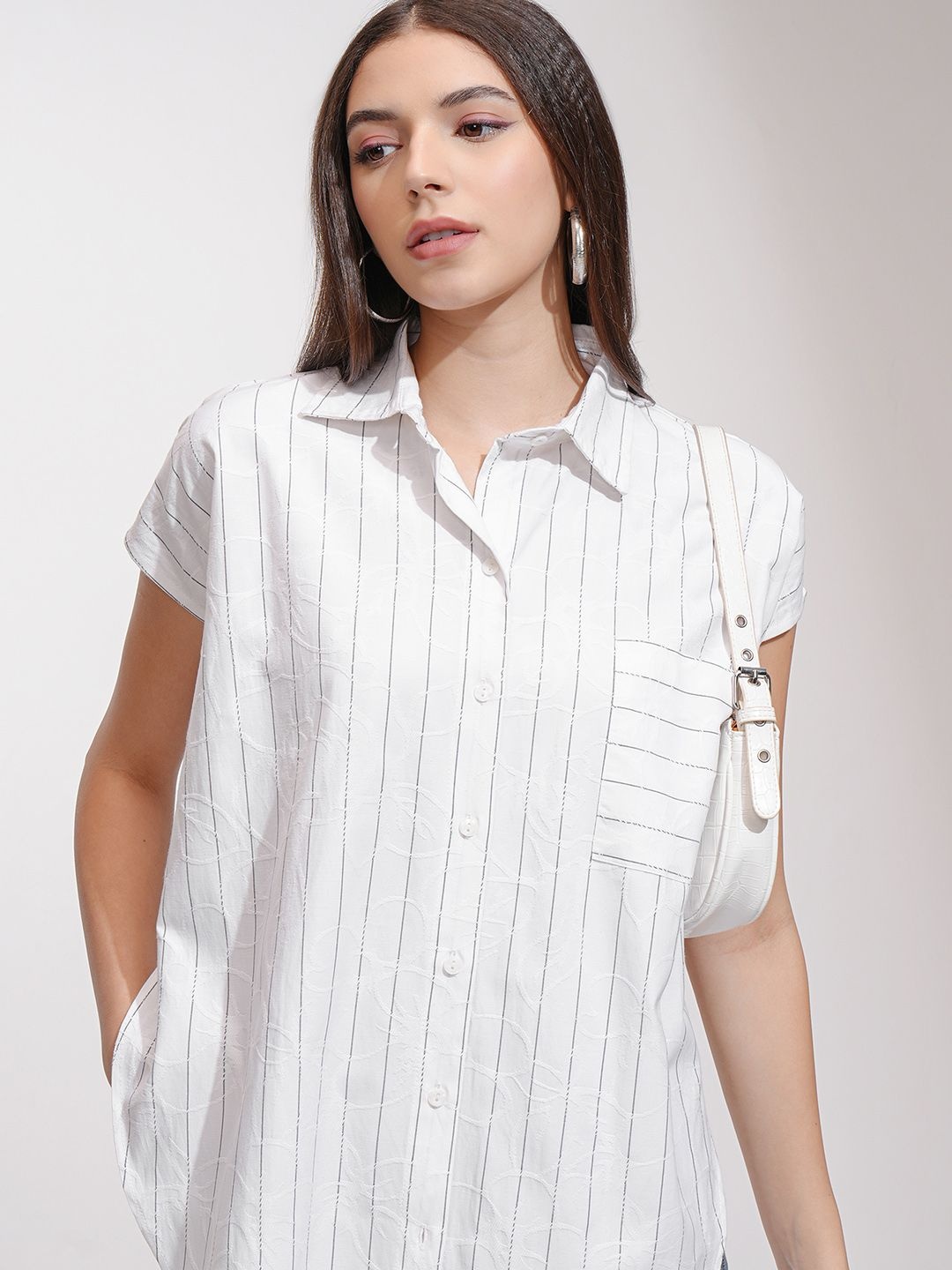 

Tokyo Talkies Women Striped Oversized Shirt, White