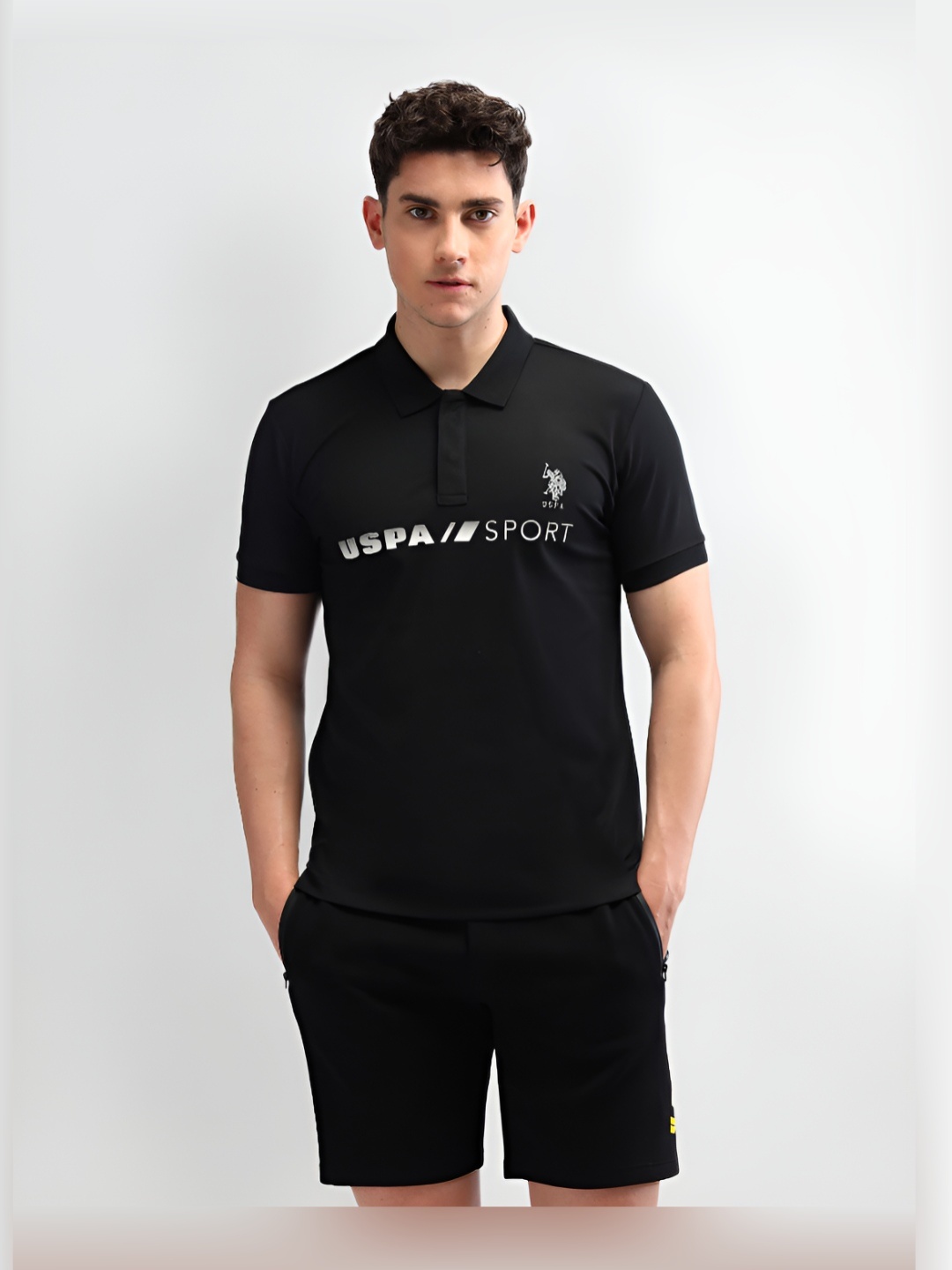 

U.S. Polo Assn. Men Brand Logo Printed Slim Fit Polo Collar T-shirt, Black