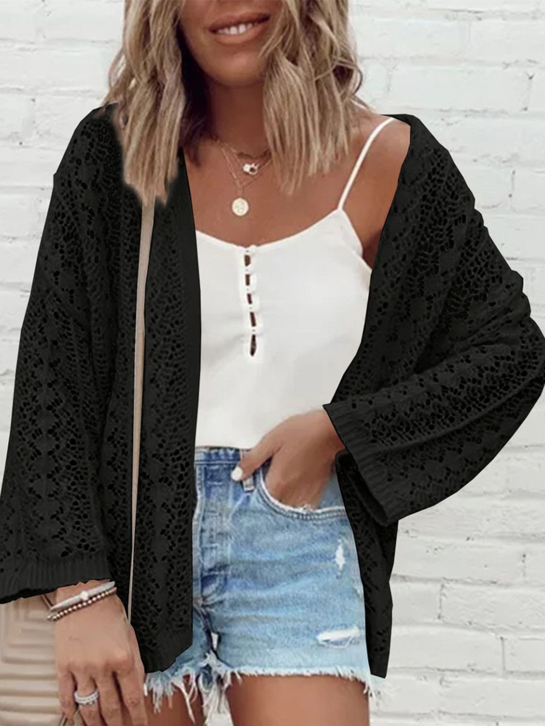 

StyleCast Women Self Design Front Open Longline Sweaters, Black