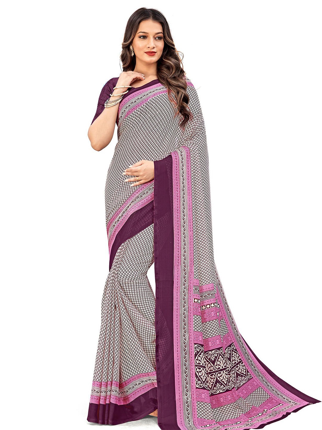 

Navvi Ethnic Motifs Printed Poly Georgette Saree, Purple