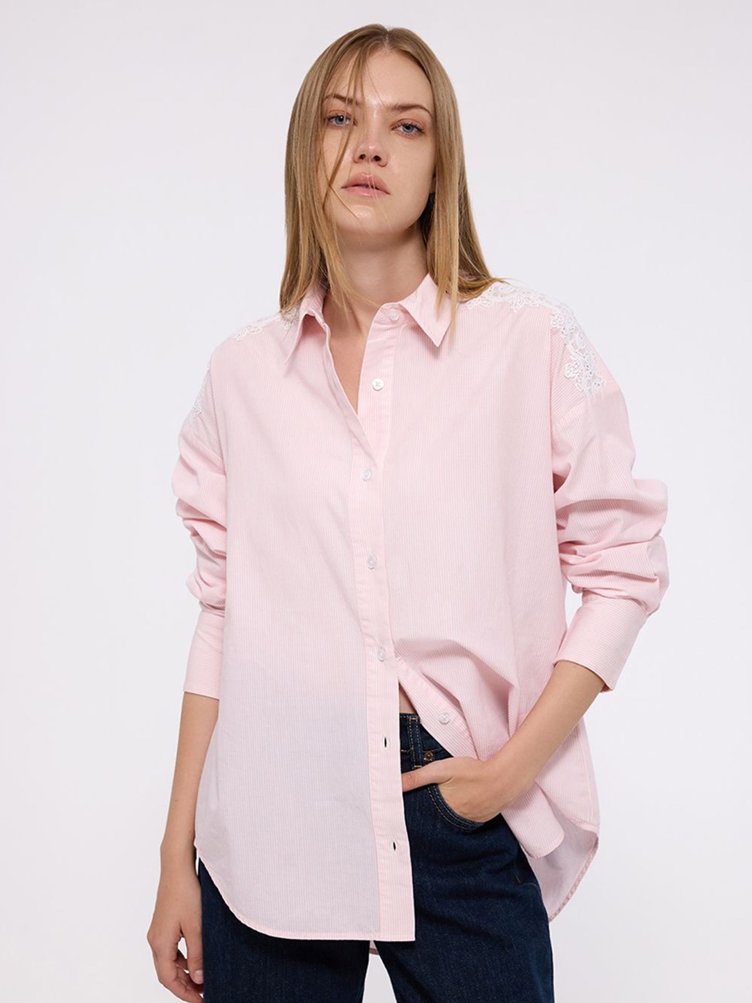

COVER STORY Pure Cotton Striped Oversized Longline Lace Inserts Casual Shirt, Pink
