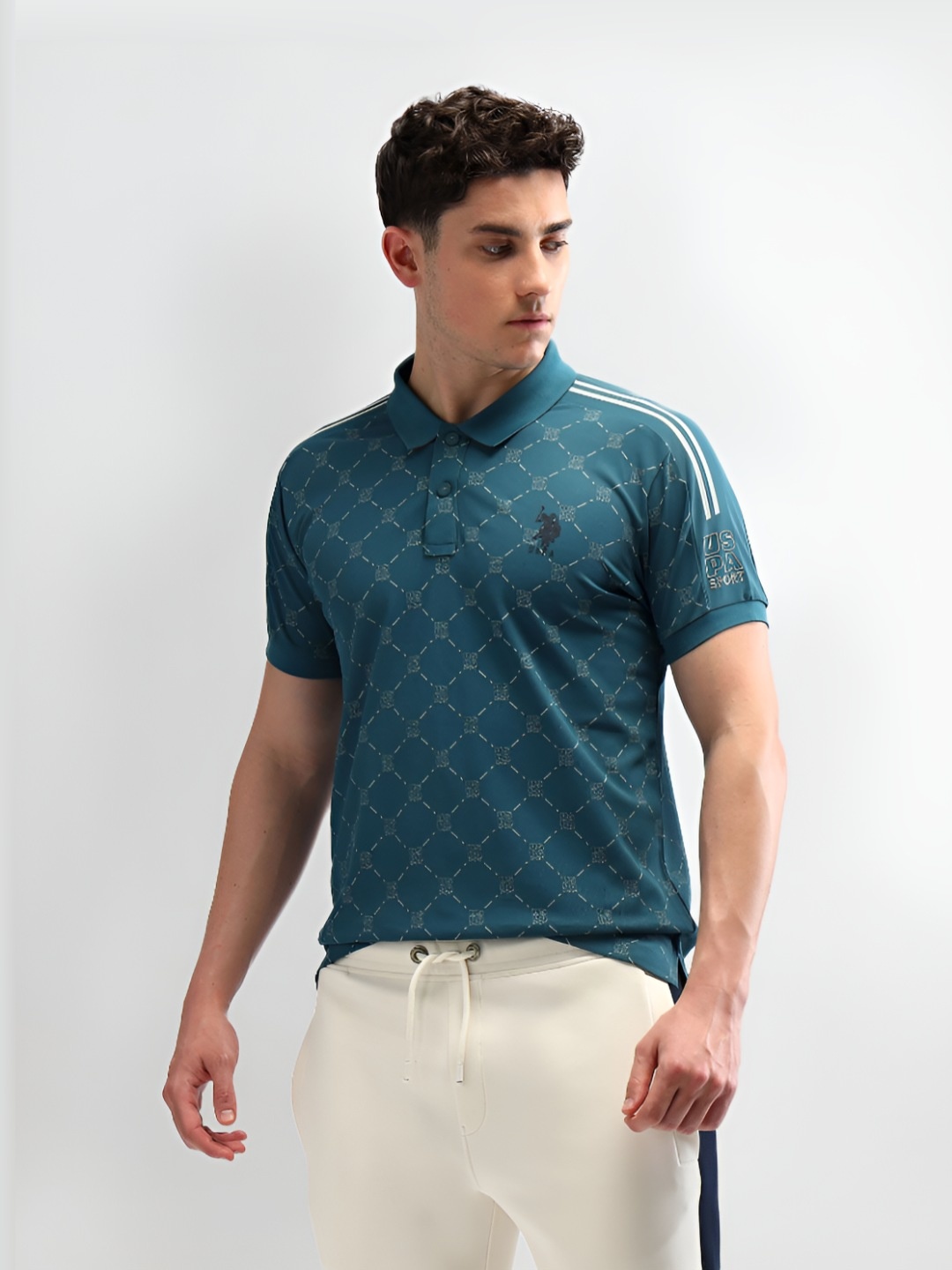 

U.S. Polo Assn. Men Brand Logo Printed Polo Collar Slim Fit T-shirt, Teal