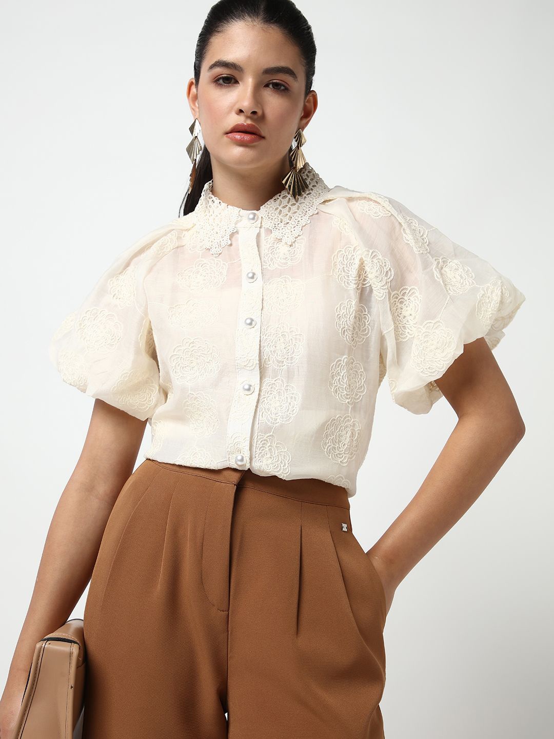 

SHOWOFF Comfort Floral Embroidered Semi Sheer Casual Shirt with Inner Slip, Cream