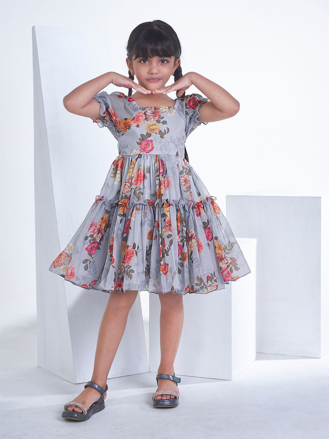 

Soleilclo Girls Floral Print Square Neck Puff Sleeve Ruffled Georgette Fit & Flare Dress, Grey