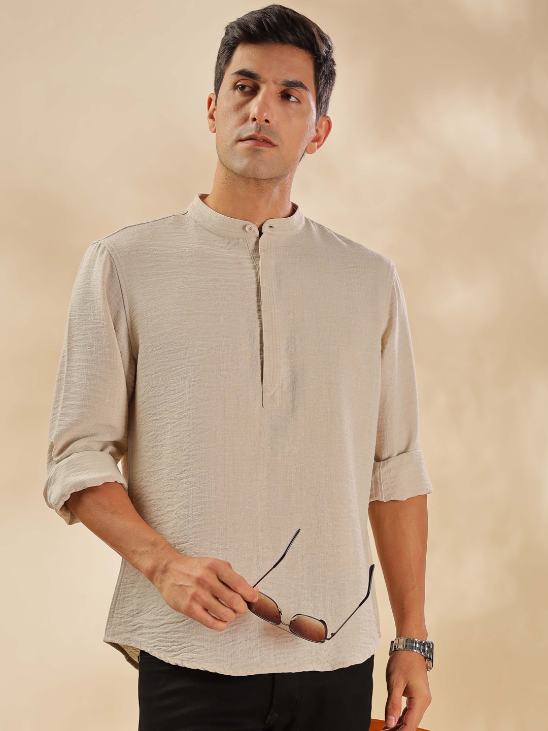 

HERE&NOW Mandarin Collar Thread Work Straight Short Kurta, Beige