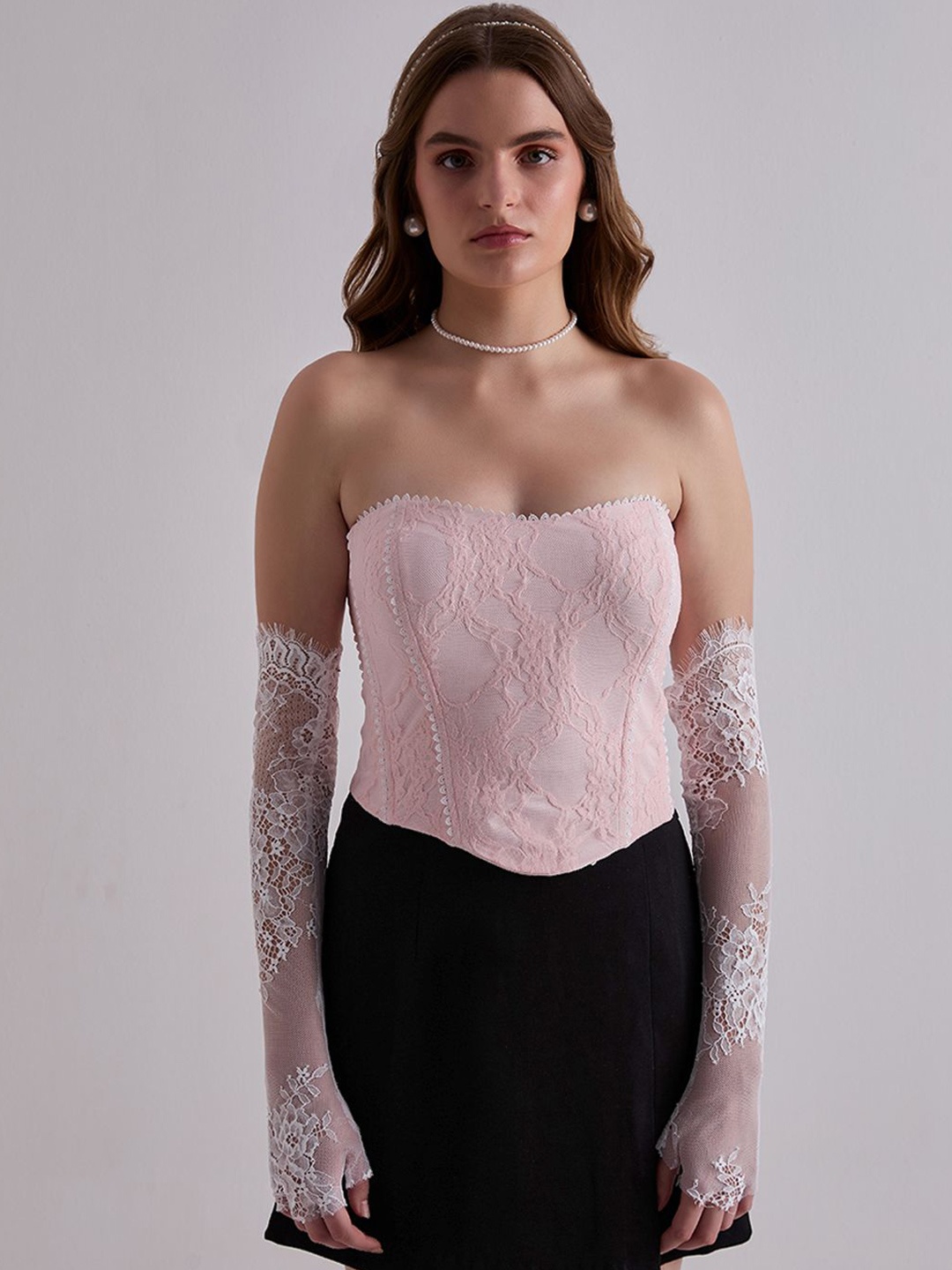 

TORSHA Women Self Design Strapless Corset Crop Top, Pink