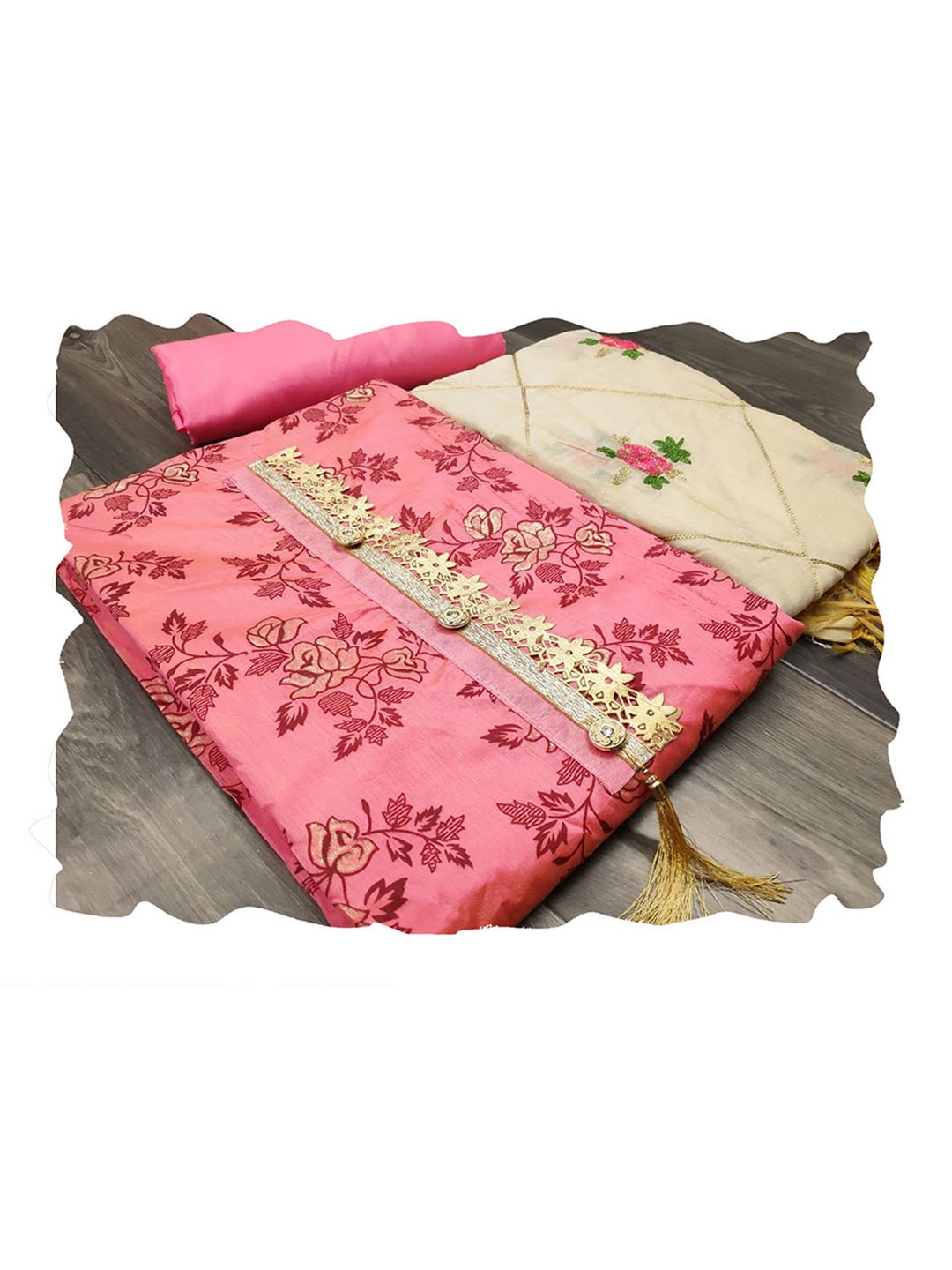 

Maroosh Floral Embroidered Unstitched Dress Material, Pink