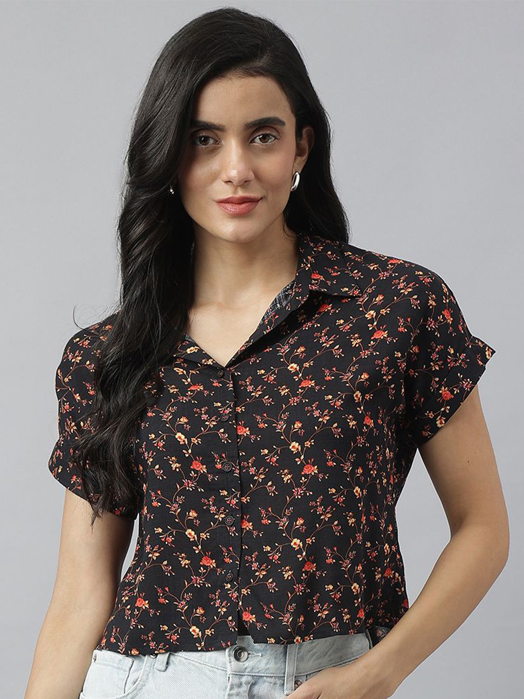 

Latin Quarters Floral Printed Casual Shirt, Black