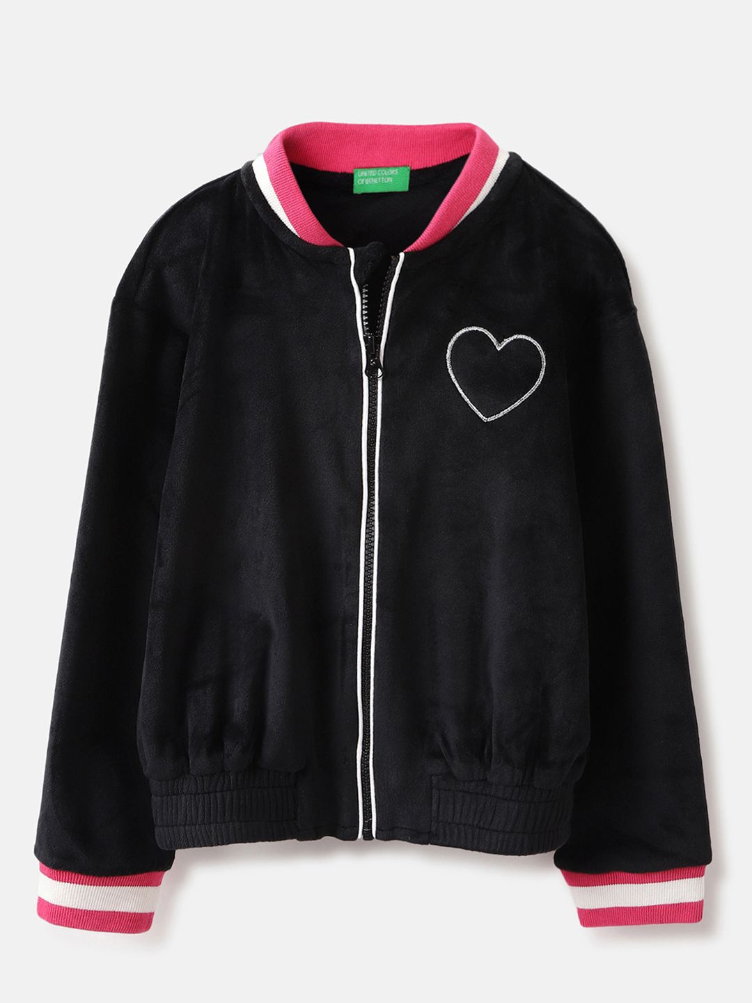 

United Colors of Benetton Girls Printed Mock Neck Full Sleeves Front Open Sweatshirt, Black