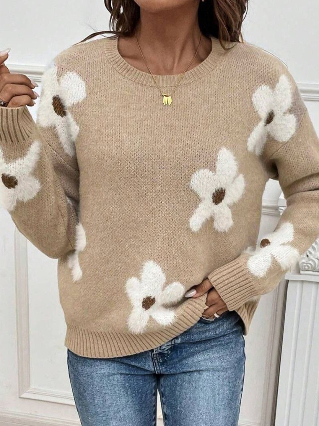 

StyleCast Women Floral Self Design Round Neck Pullover Sweater, Beige