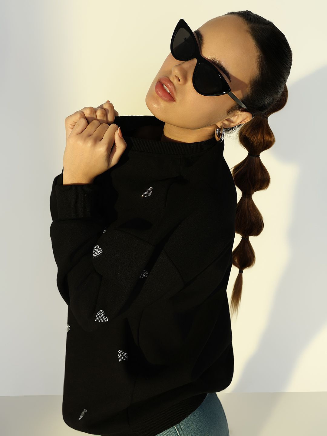 

SHOWOFF Women Embellished Round Neck Sweatshirt, Black