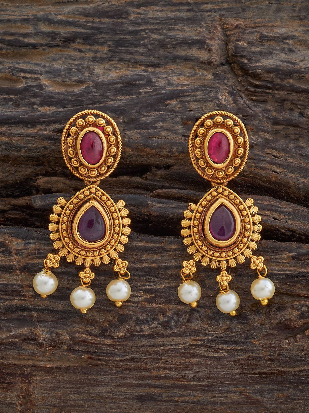 

Kushal's Fashion Jewellery Gold-Plated Ruby Stone Studded & Beaded Antique Drop Earrings