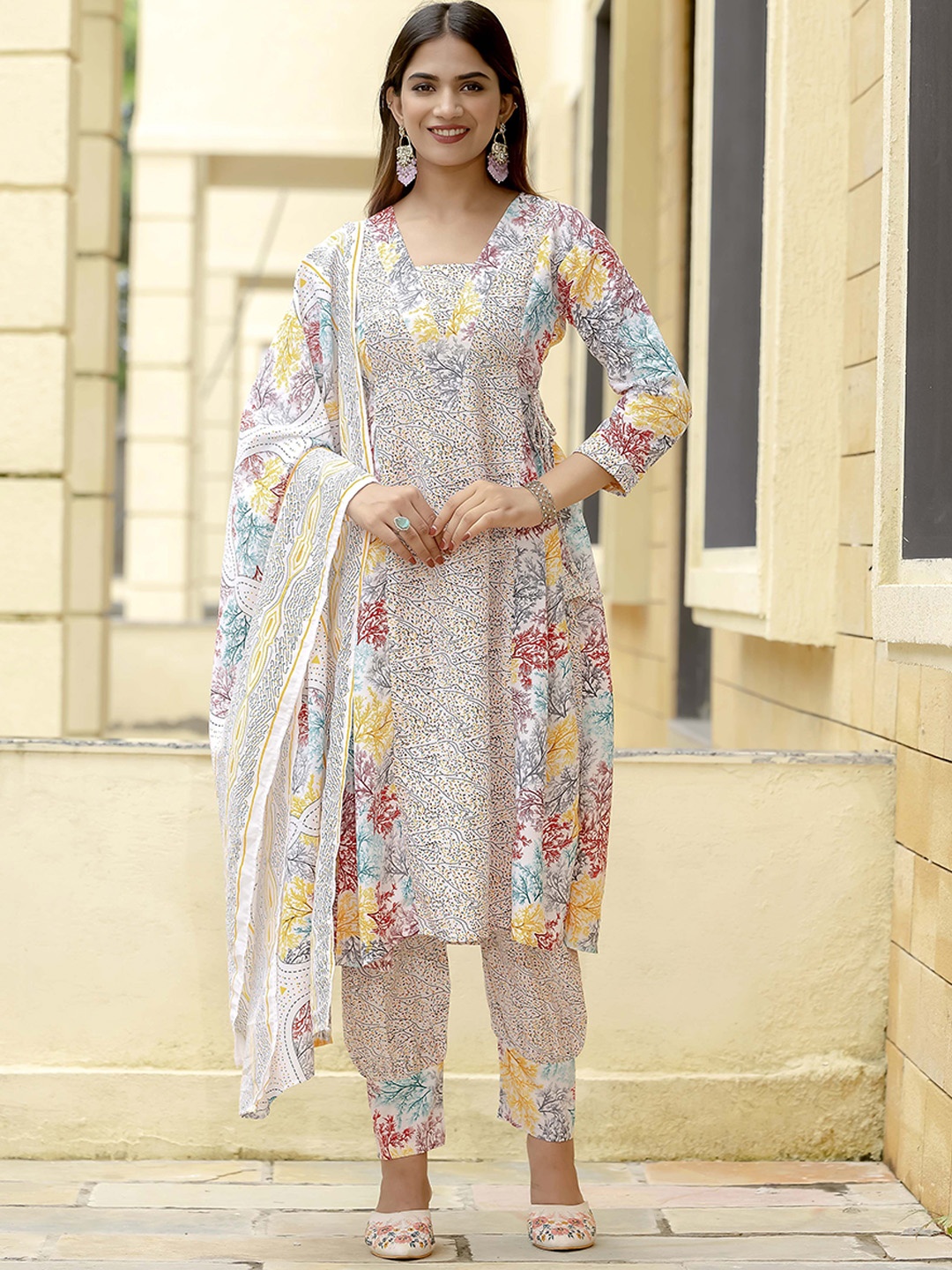 

KALINI Floral Printed Angrakha Kurta with Dhoti Pants & Dupatta, White