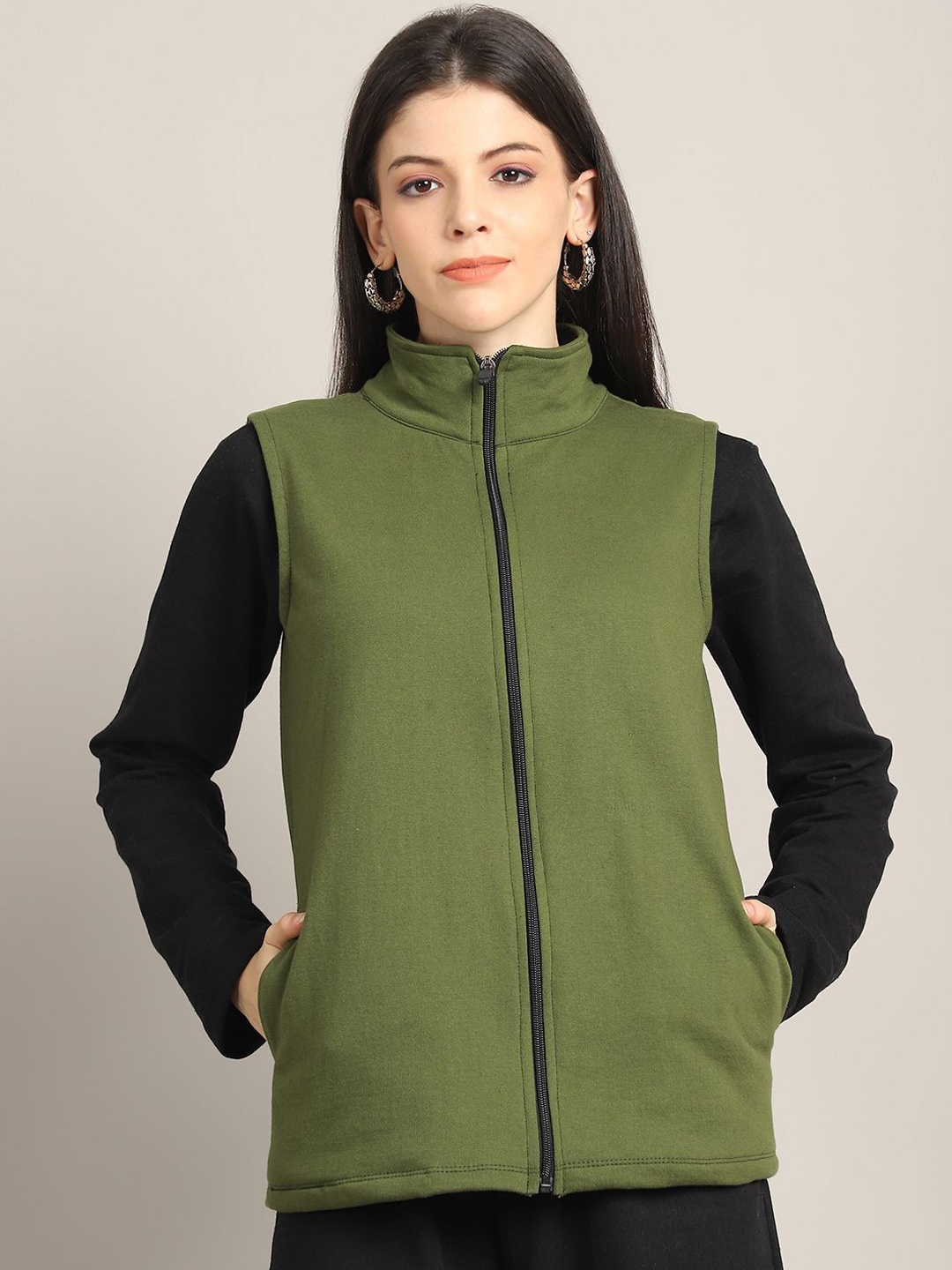 

Rute Women Solid Sleeveless Cotton Open Front Jacket, Olive
