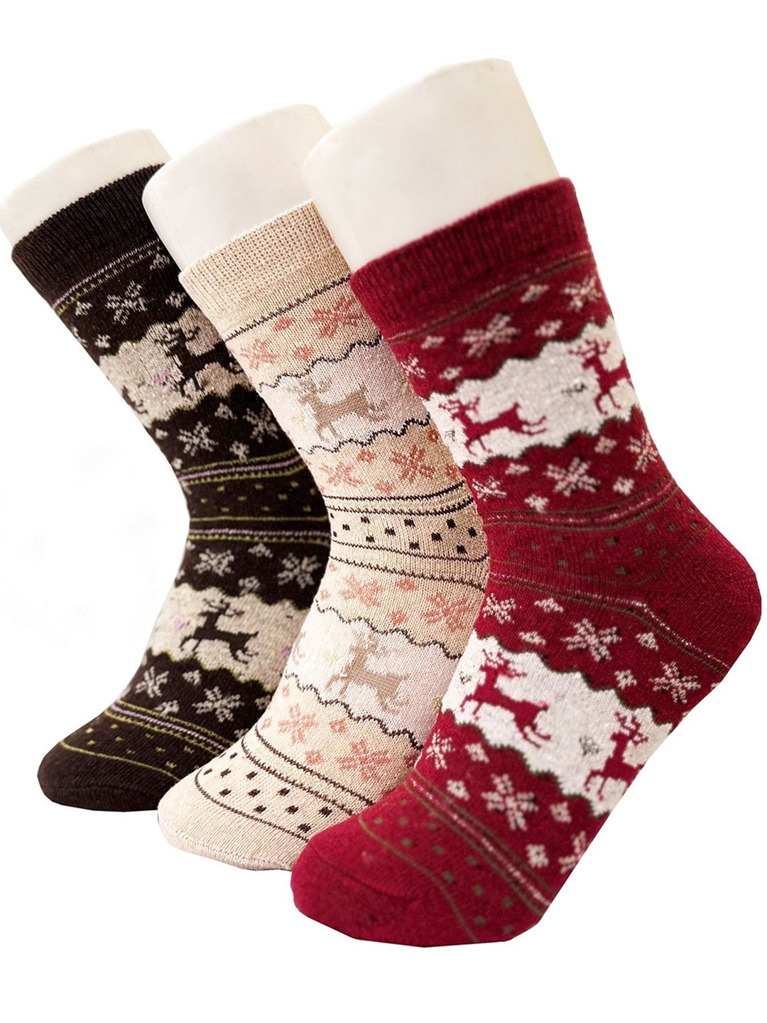 

Alexvyan Women Pack Of 3 Patterned Calf Length Socks, Red