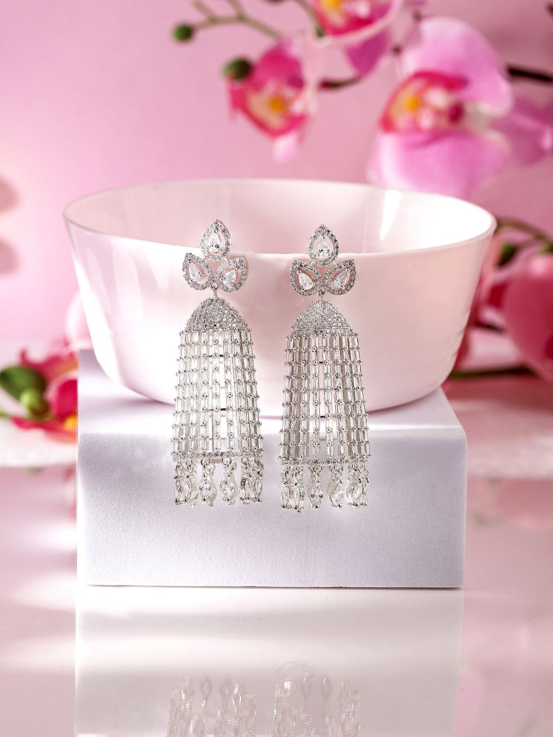 

Priyaasi Silver-Plated American Diamond Stone Studded Dome Shaped Jhumkas