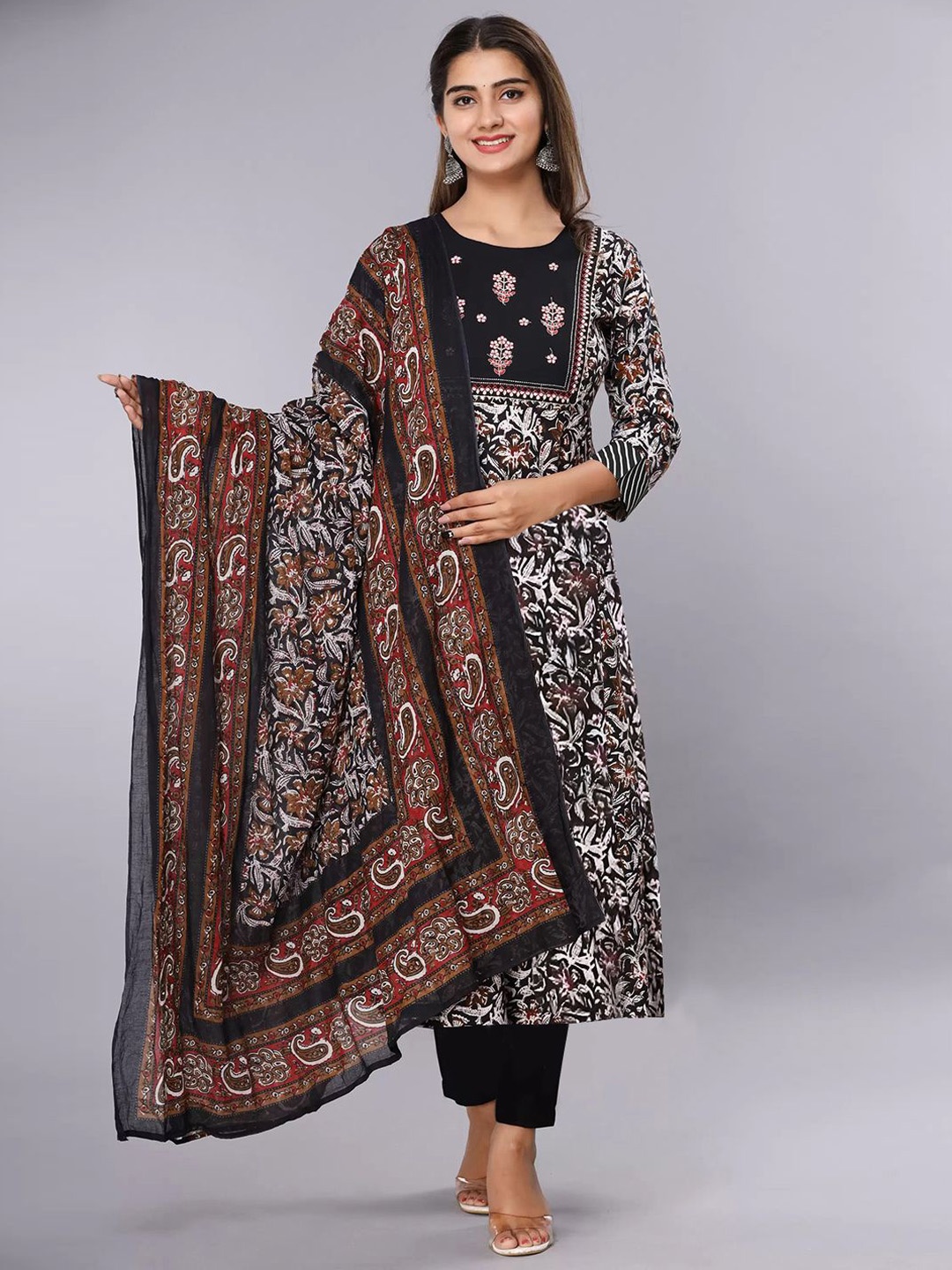 

KALINI Floral Printed Thread Work Kurta with Trouser & Dupatta, Black