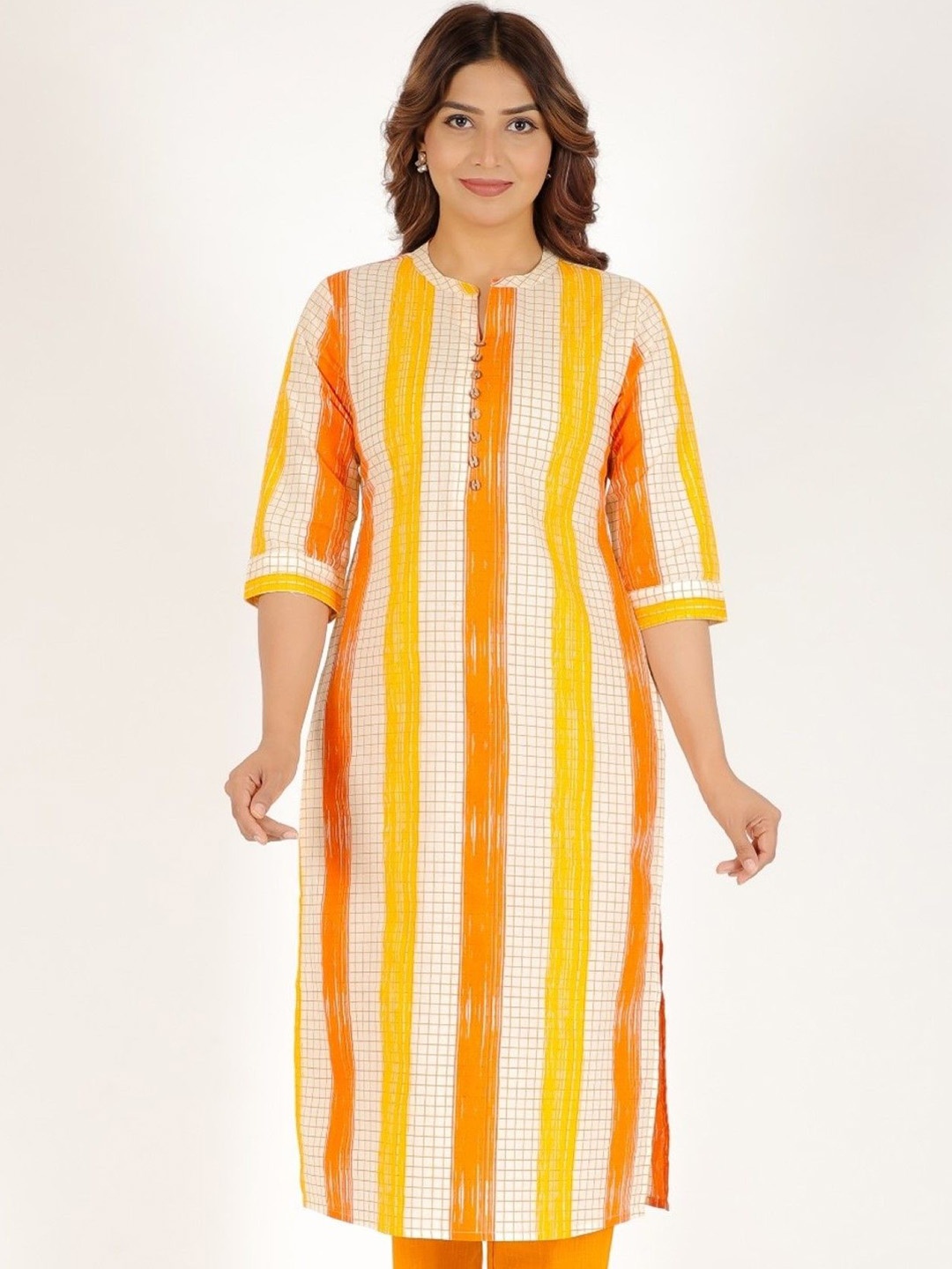 

Aramya Mandarin Collar Checked Straight Cotton Kurta, Yellow