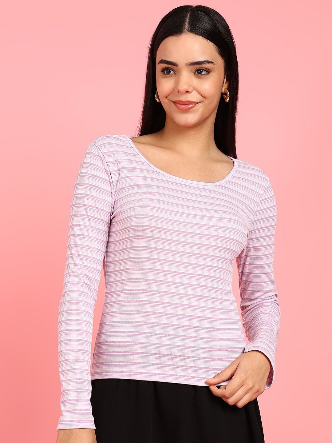 

Mast & Harbour Women Round Neck Striped Top, Purple