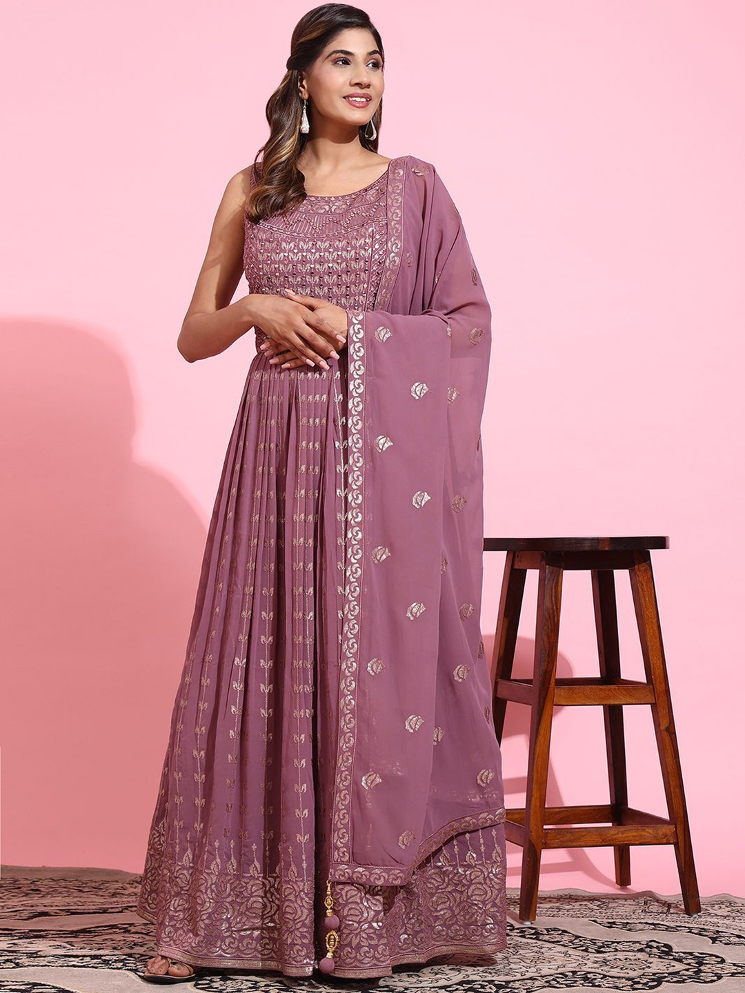 

VANAKARA Women Embroidered Gown Ethnic Dresses With Dupatta, Magenta