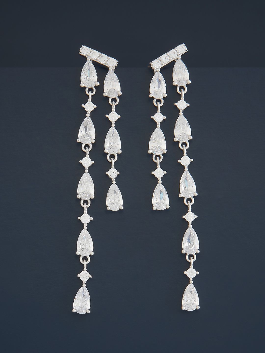 

Kushal's Fashion Jewellery Silver Rhodium-Plated Zircon Studded Classic Drop Earrings