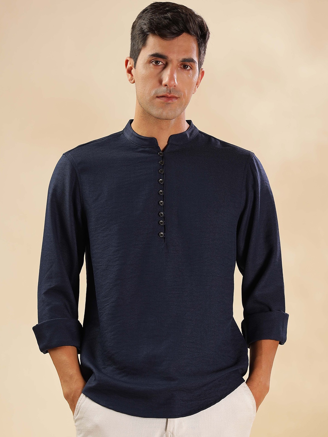 

HERE&NOW Mandarin Collar Indigo Straight Short Kurta, Navy blue