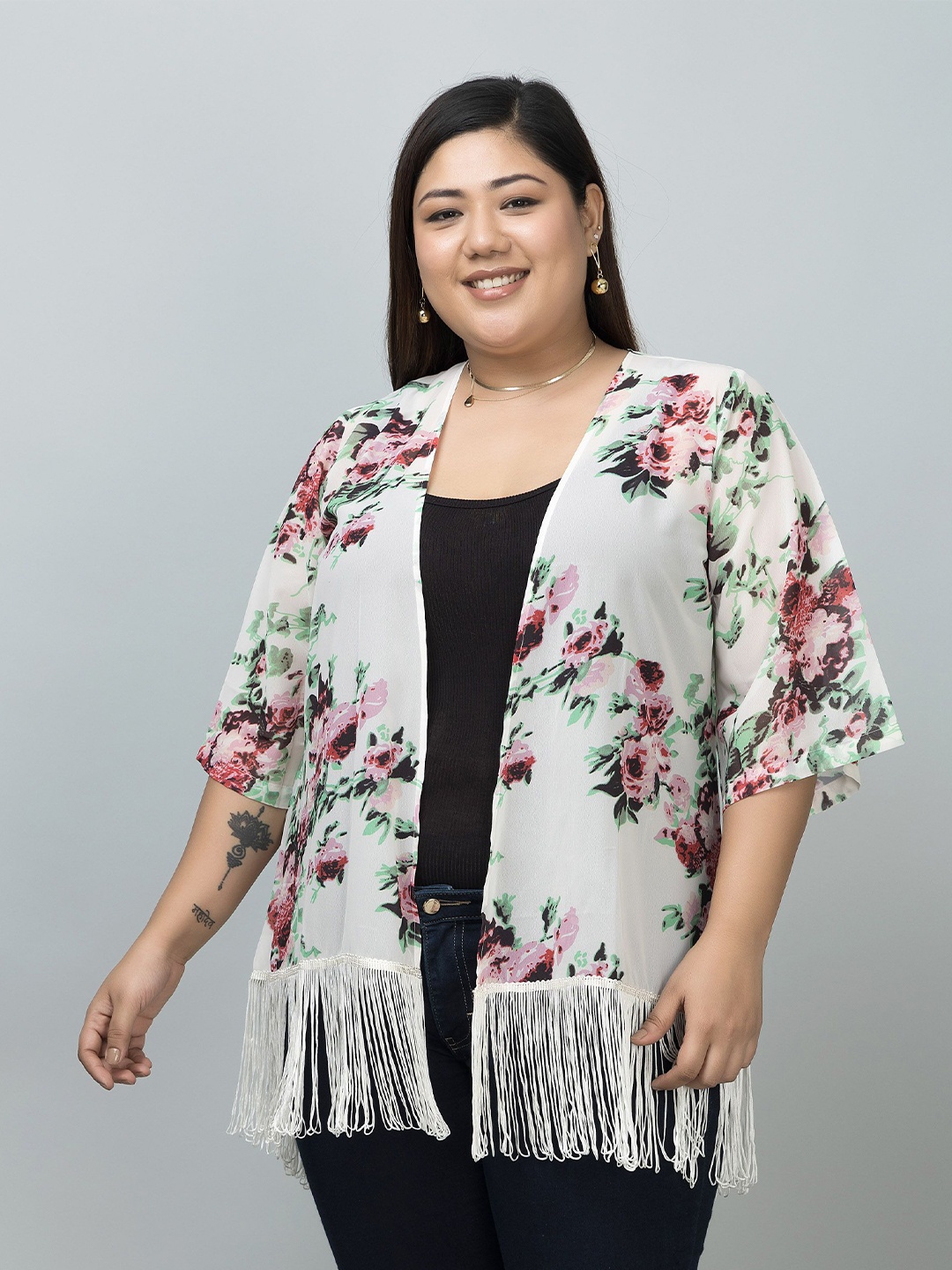 

PURYS PLUS Floral Printed Tasselled Longline Fringe Shrug, Off white