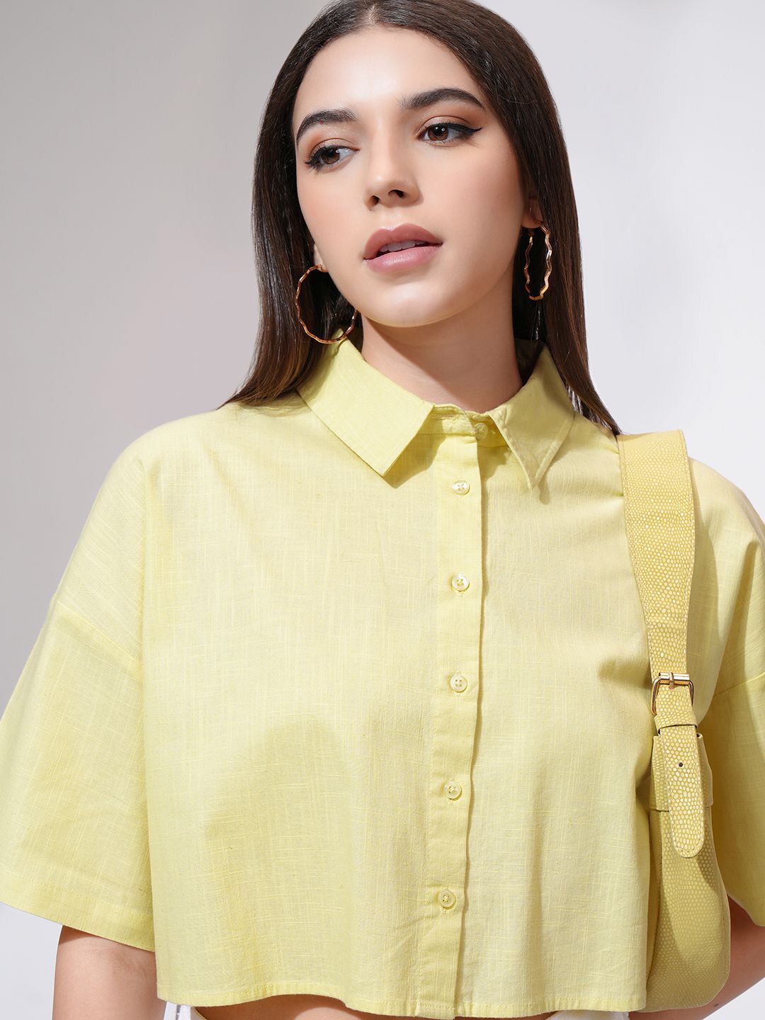 

Tokyo Talkies Women Buttondown Drop Shoulder Boxy Crop Boxy Shirt, Yellow