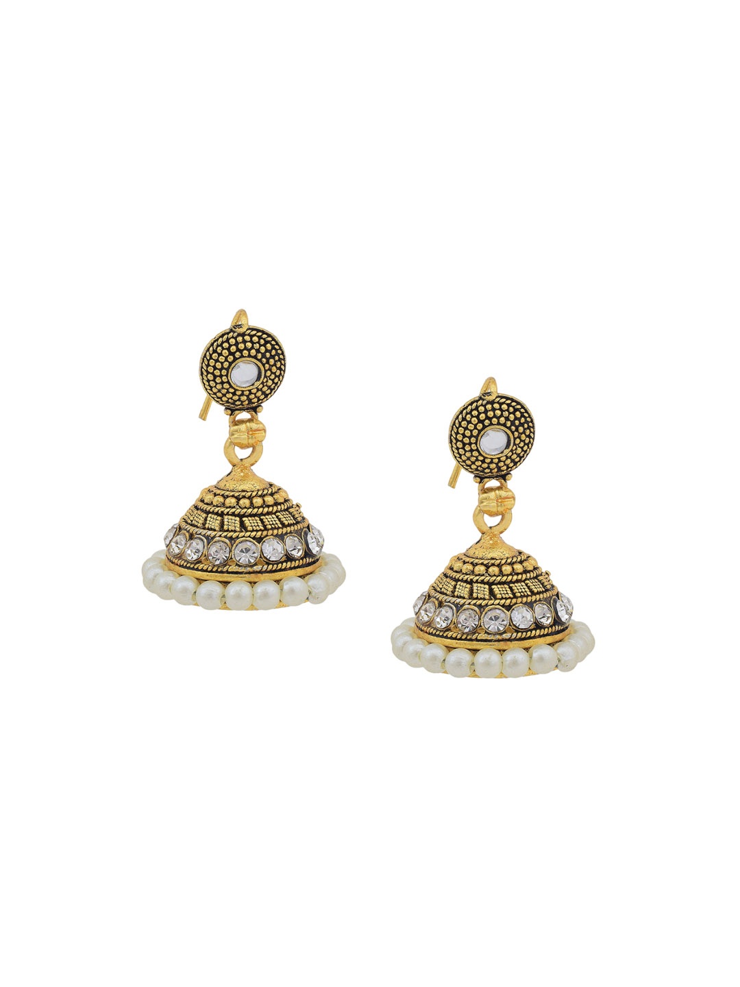 

MEMOIR Gold-Plated CZ-Stone Studded & Fresh Water Pearls Beaded Dome Shaped Jhumkas