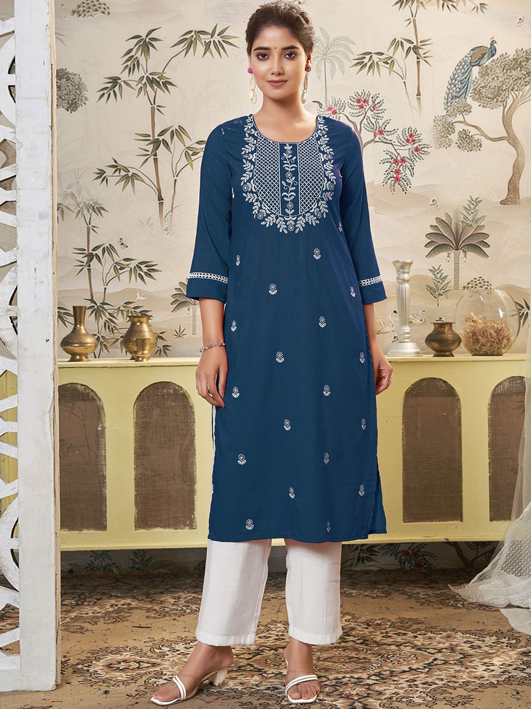 

KALINI Ethnic Motifs Embroidered Chikankari Cotton Straight Kurta, Blue