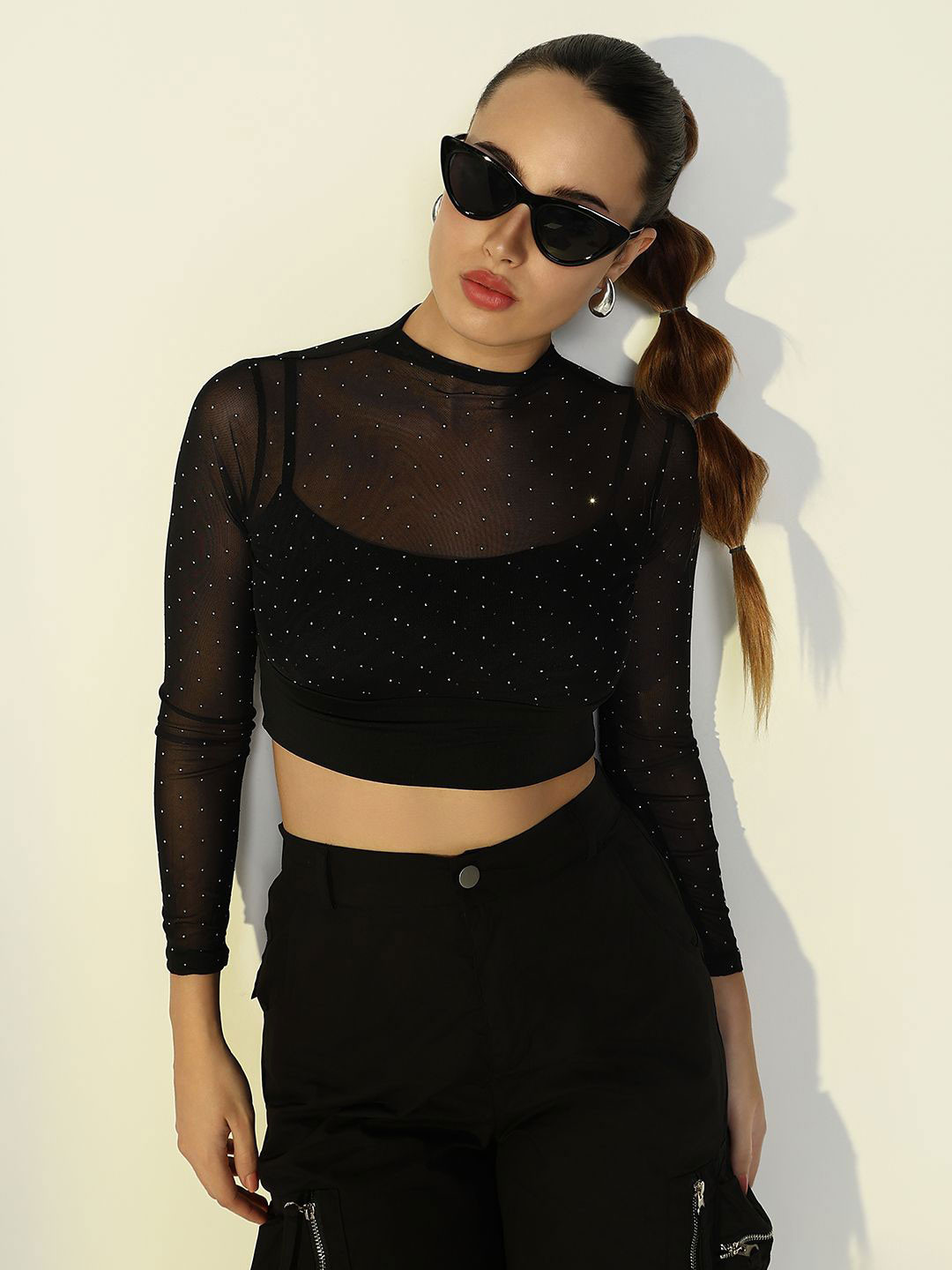 

SHOWOFF Women Long Sleeves Net Crop Top, Black