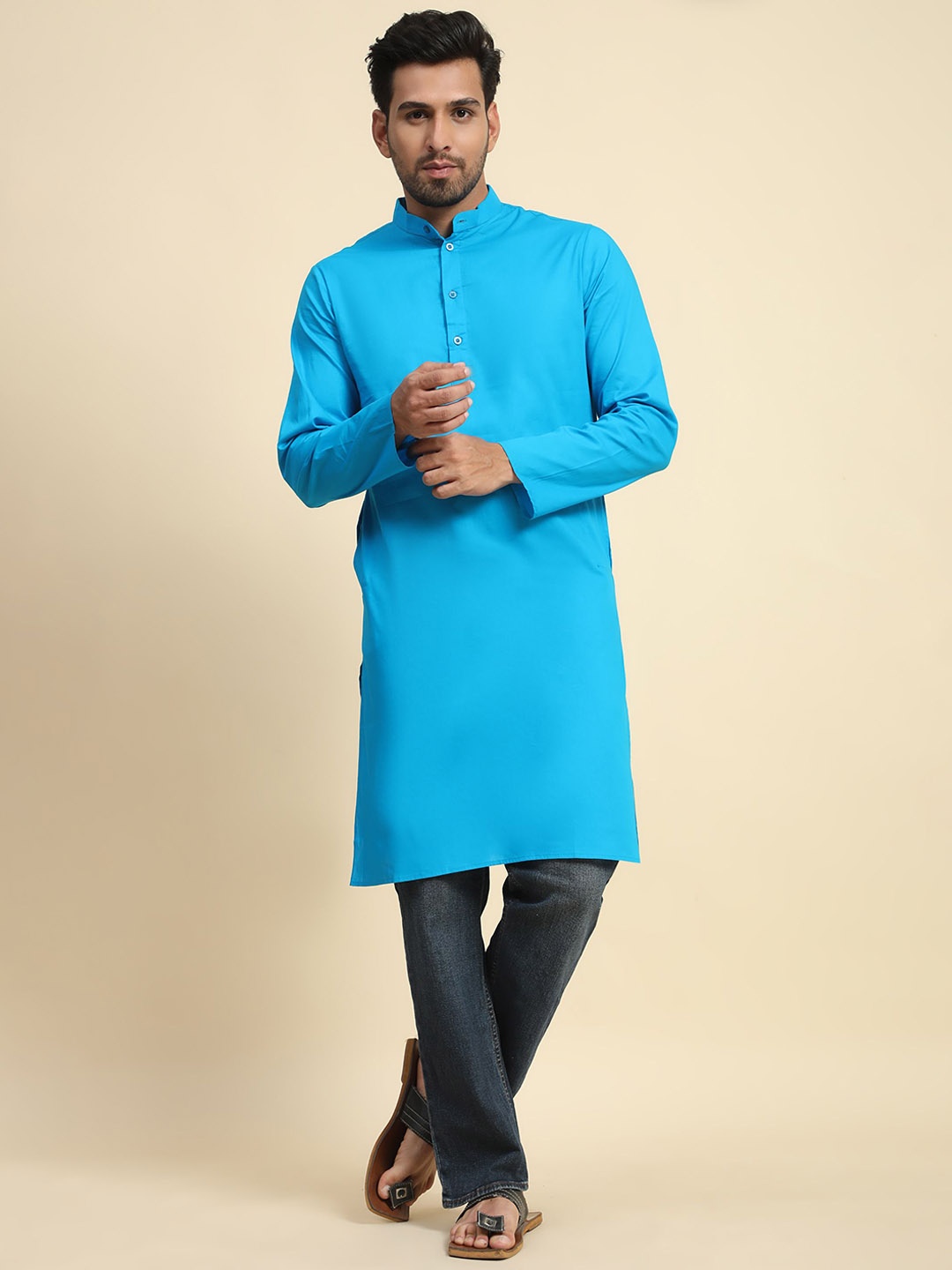 

SKAVIJ Men Handloom Kurta, Turquoise blue