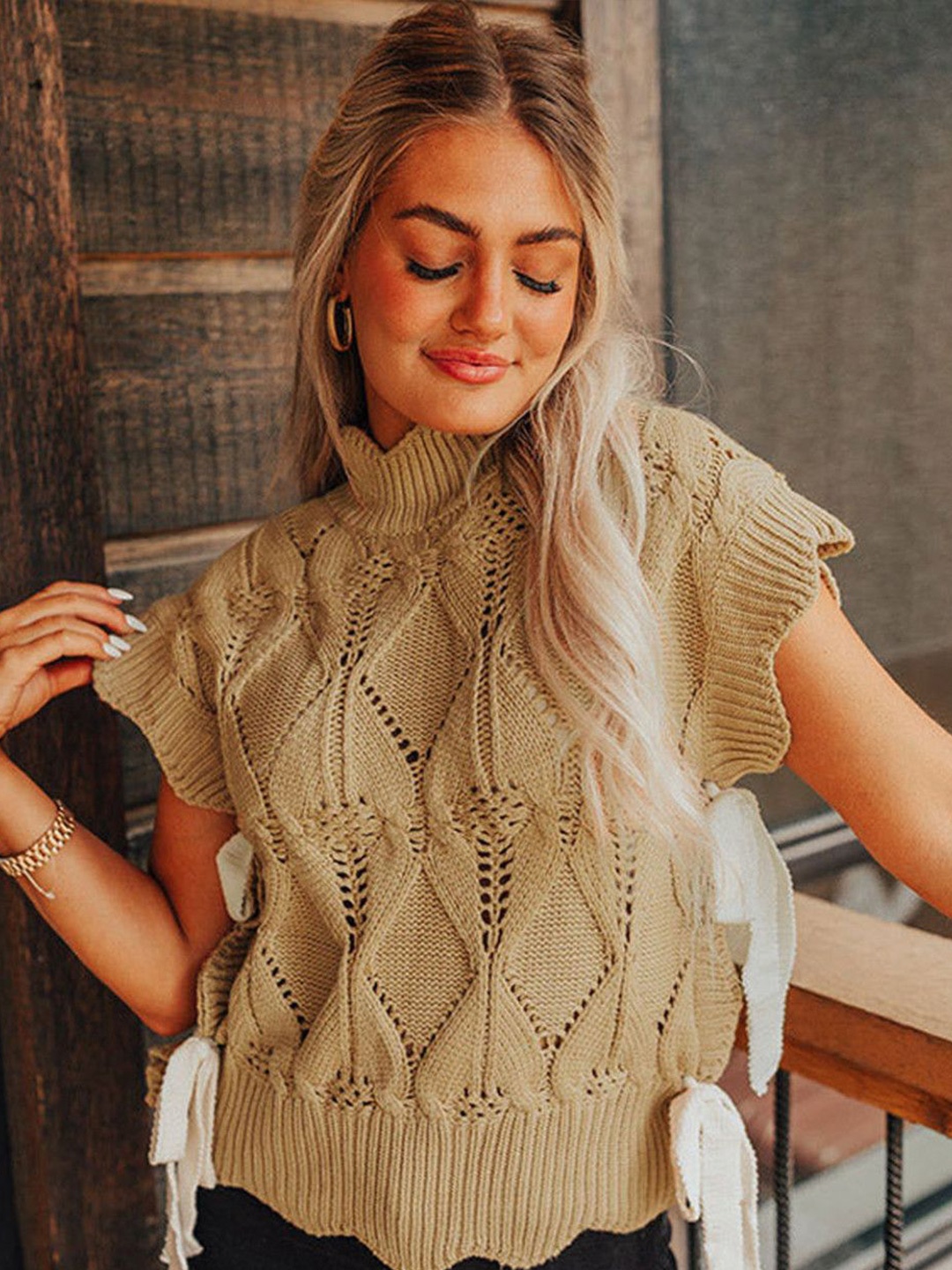 

StyleCast Women Cable Knit Turtle Neck Sweater Vest, Khaki