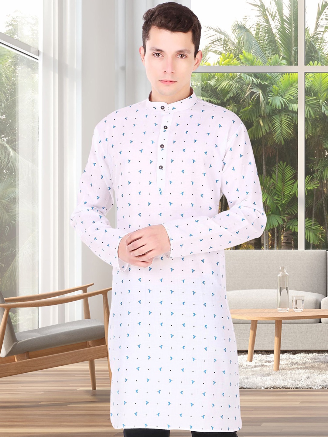 

SKAVIJ Ethnic Motifs Printed Band Collar Cotton Straight Kurta, Blue