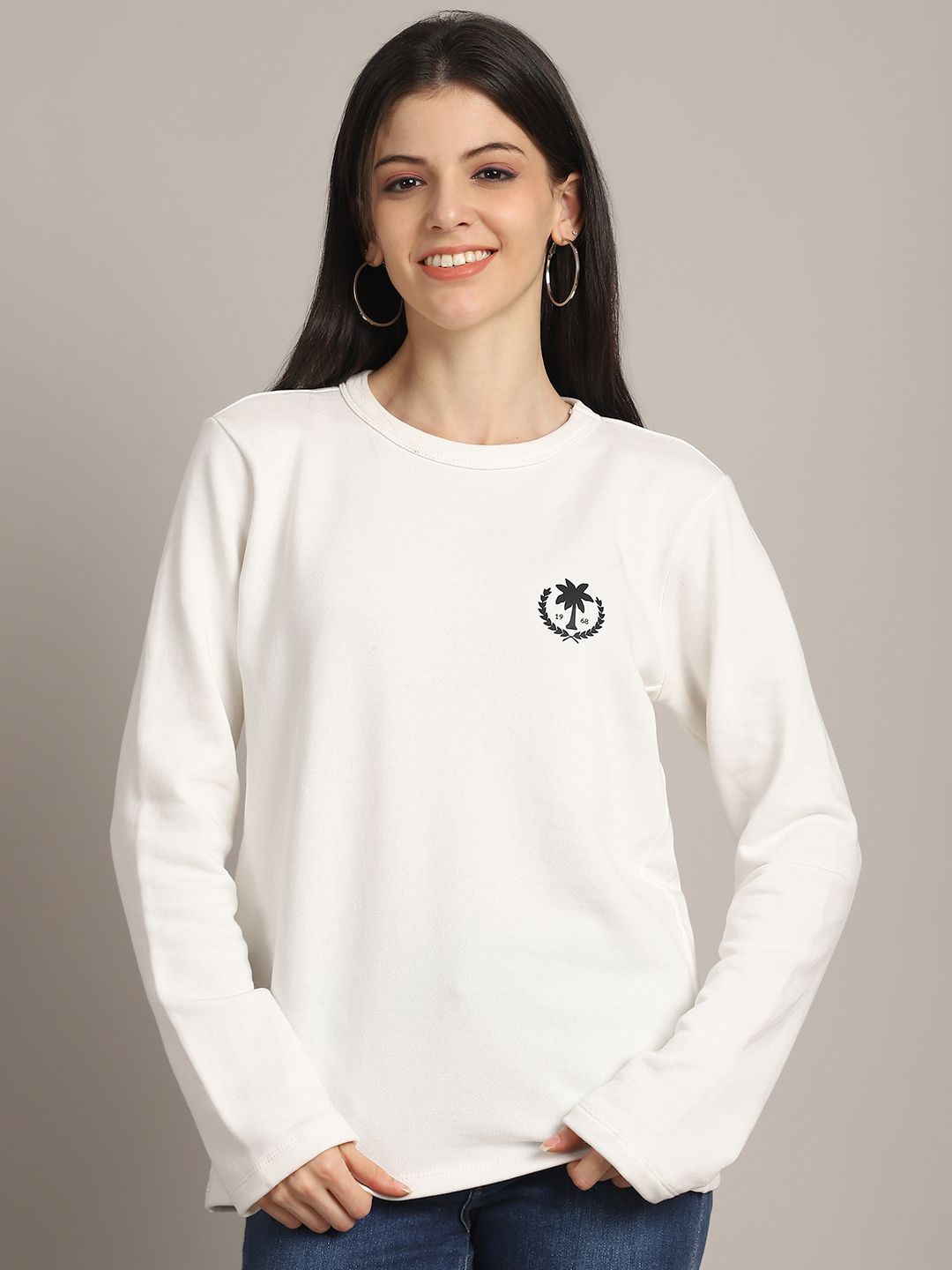 

Rute Women Round Neck Pure Cotton Long Sleeves Sweatshirt, White