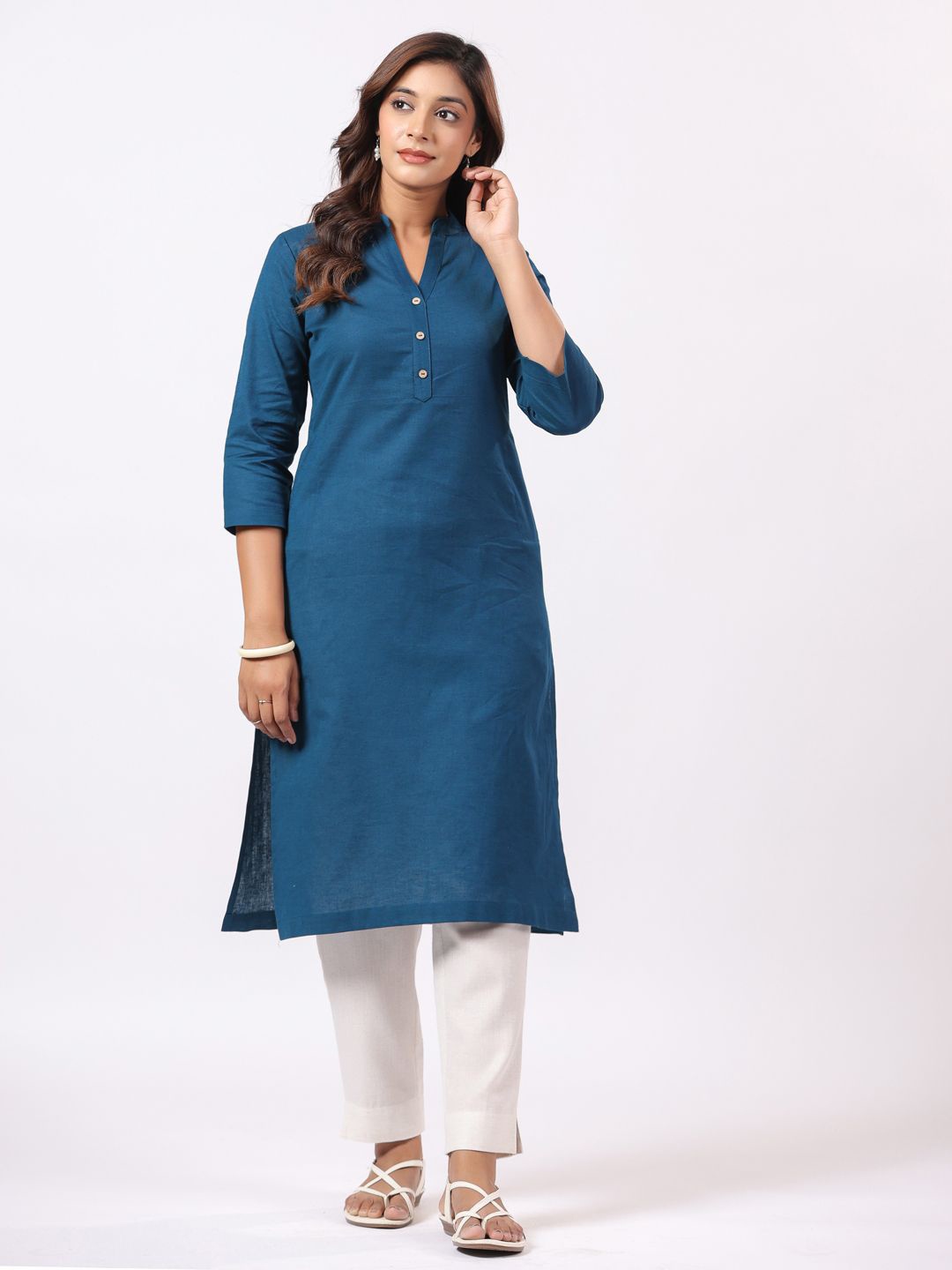 

PIROH Mandarin Collar Indigo Cotton Straight Kurta, Blue