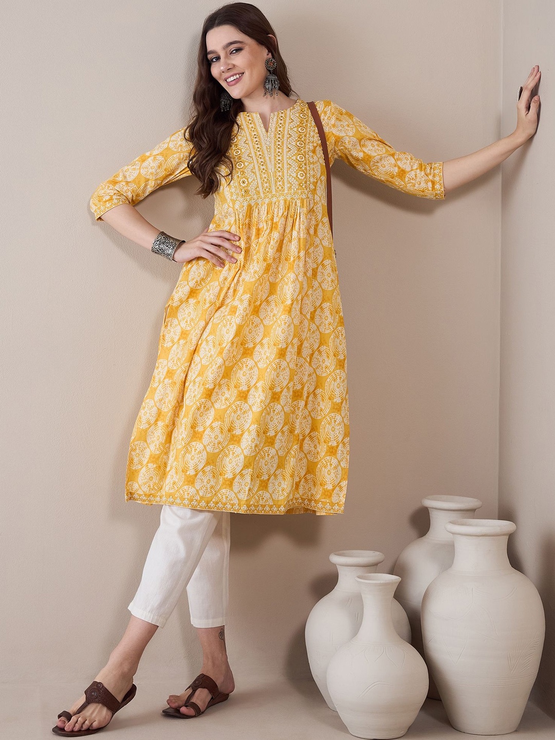 

Anouk Floral Printed Regular Mirror Work Cotton A-Line Kurta, Yellow