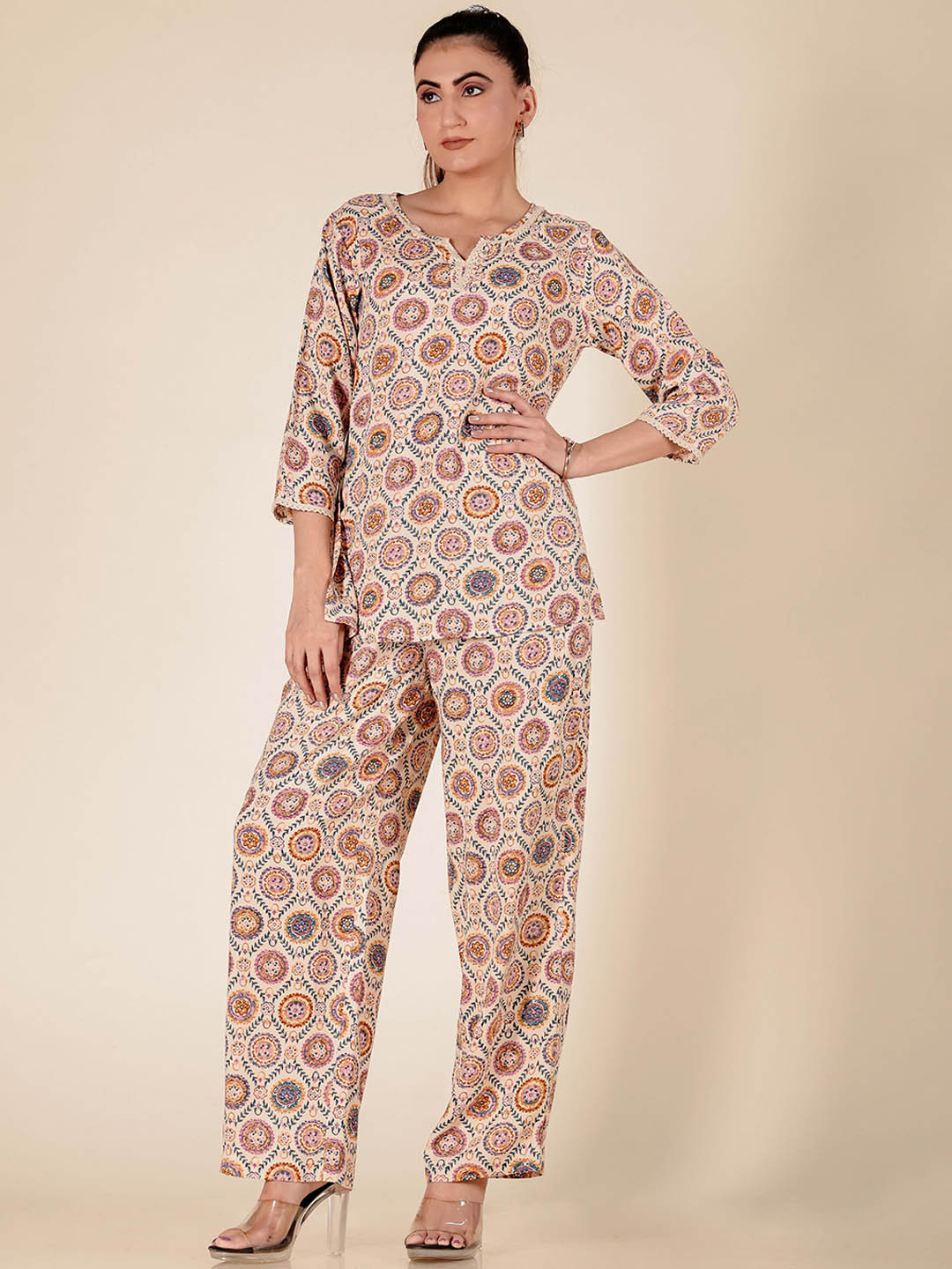 

WESTIFIED Floral Printed Round Neck Three-Quarter Sleeves Top With Trouser, Cream