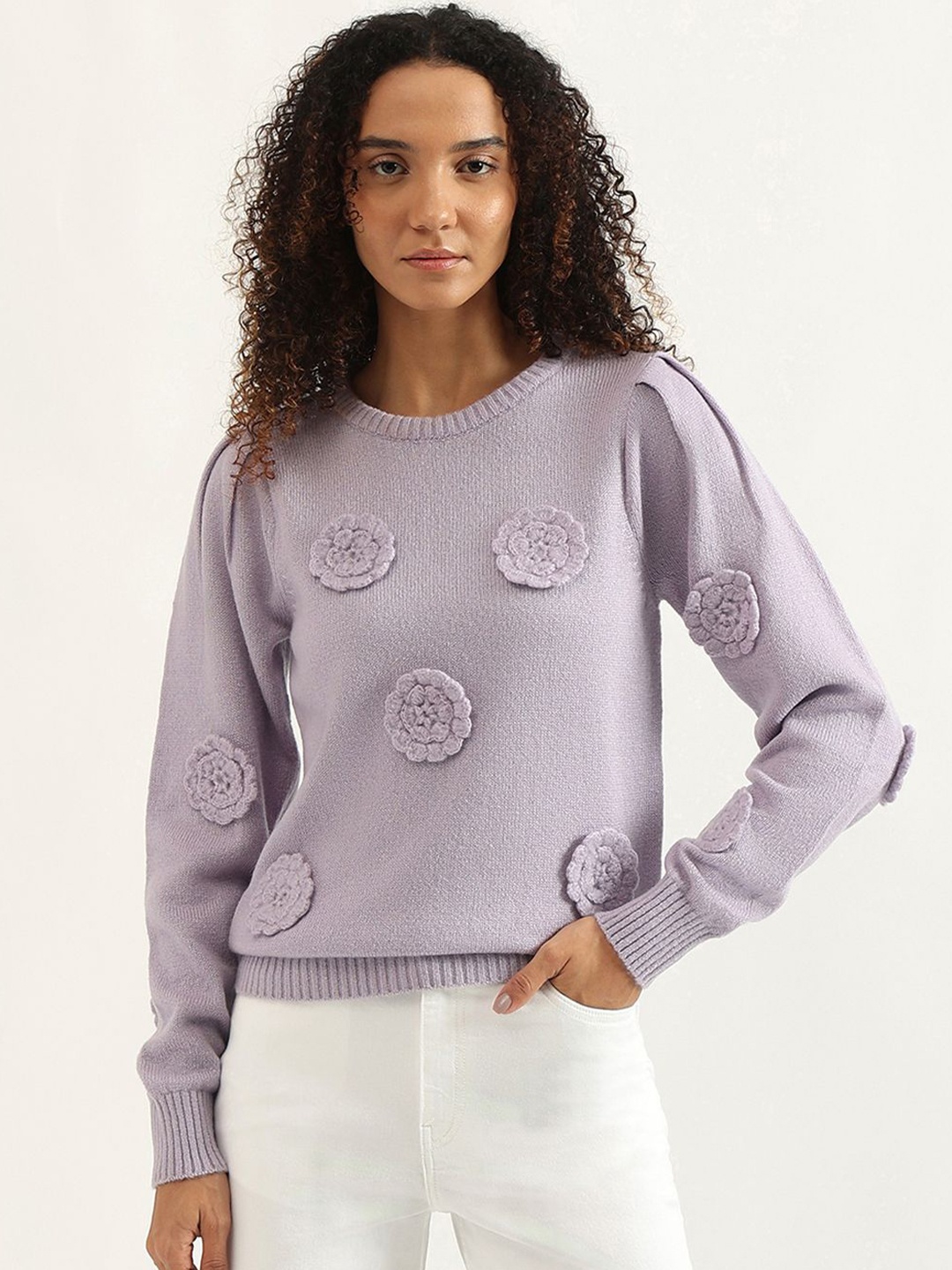 

United Colors of Benetton Women Floral Embroidered Pullover Sweaters, Purple