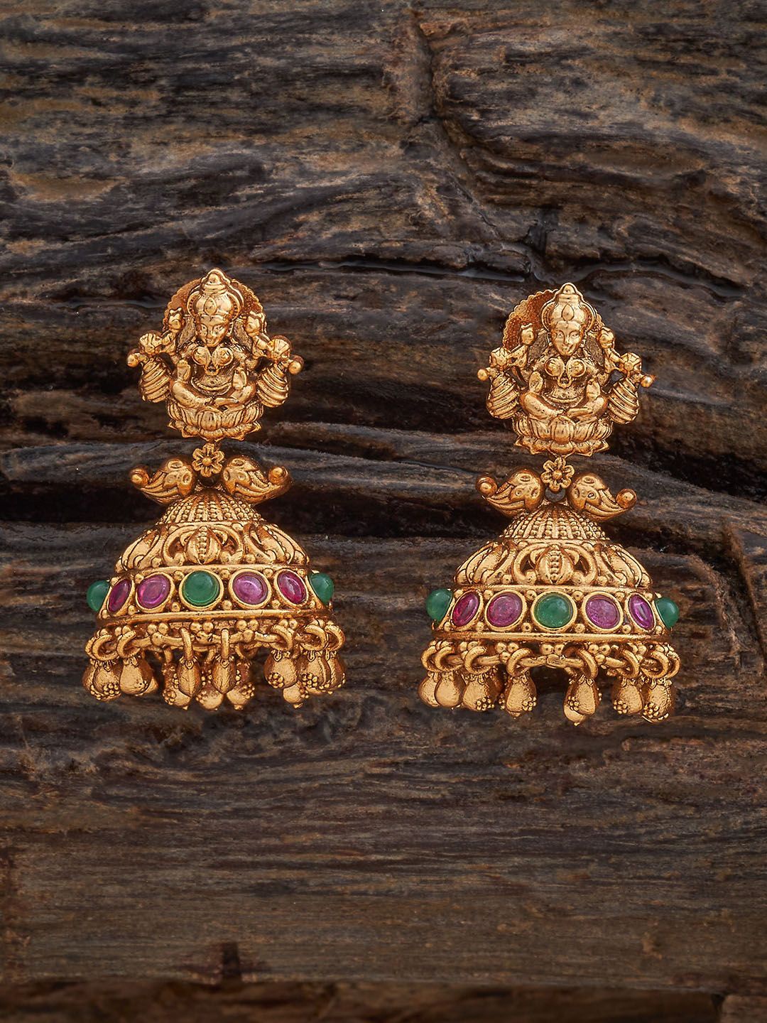 

Kushal's Fashion Jewellery Gold-Plated Ruby Dome Shaped Antique Jhumkas