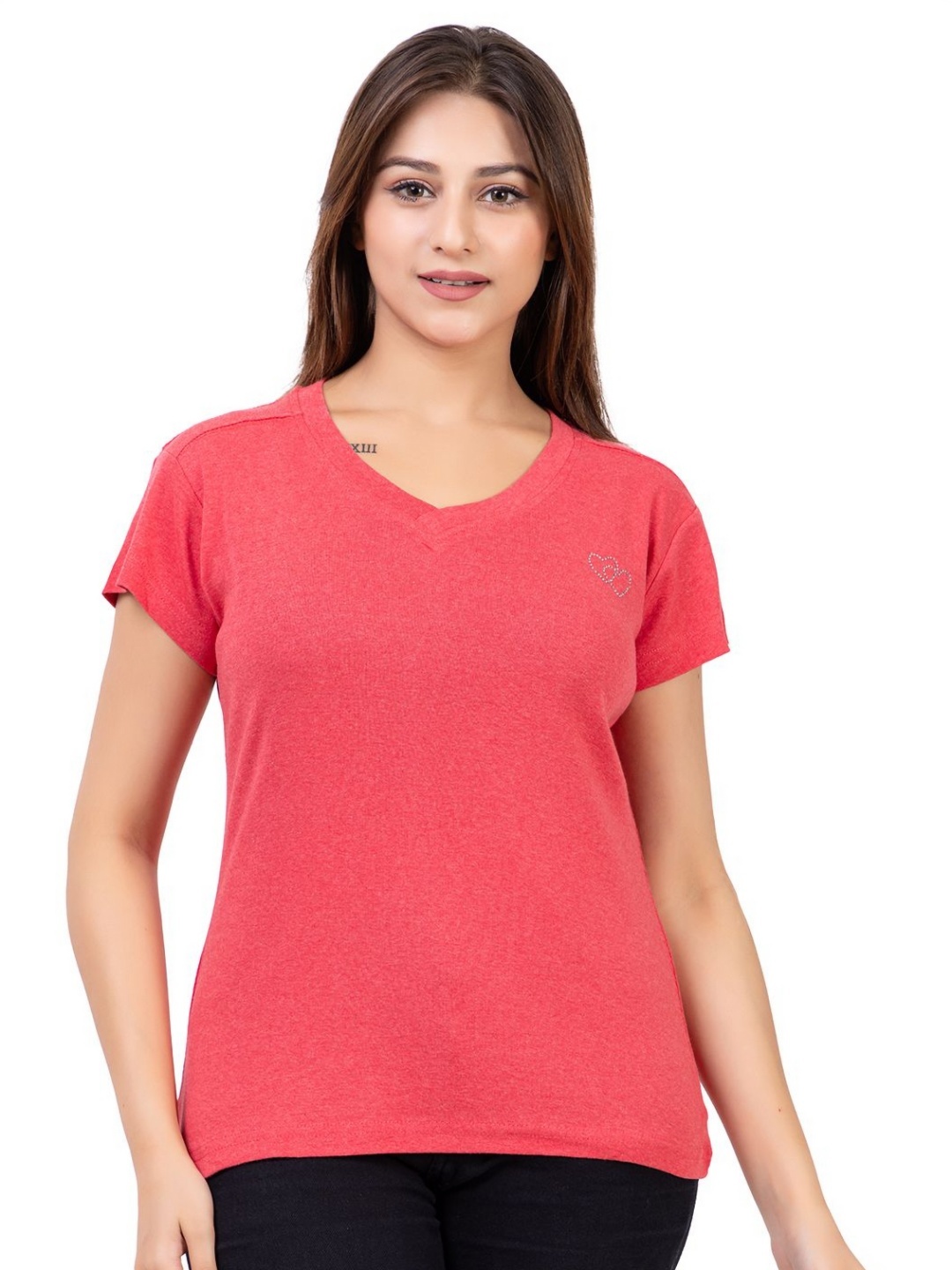 

ARIIX Women V-Neck Pockets Slim Fit T-shirt, Red