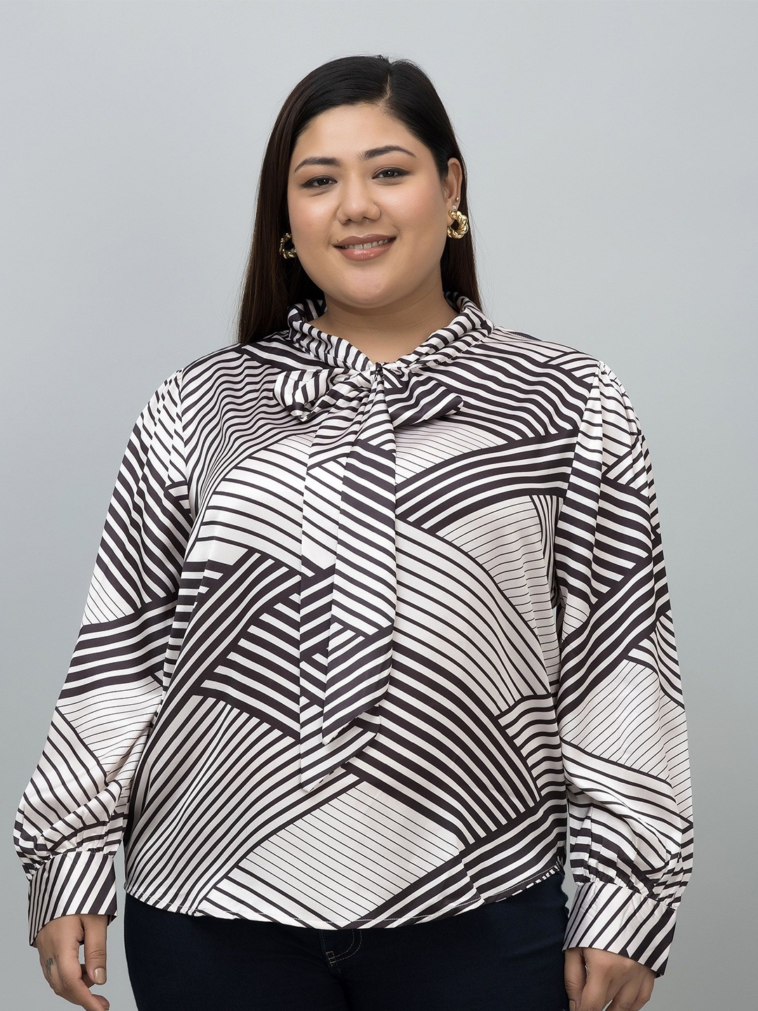 

PURYS PLUS Women Plus Size Geometric Print Tie-Up Neck Satin Shirt Style Top, White