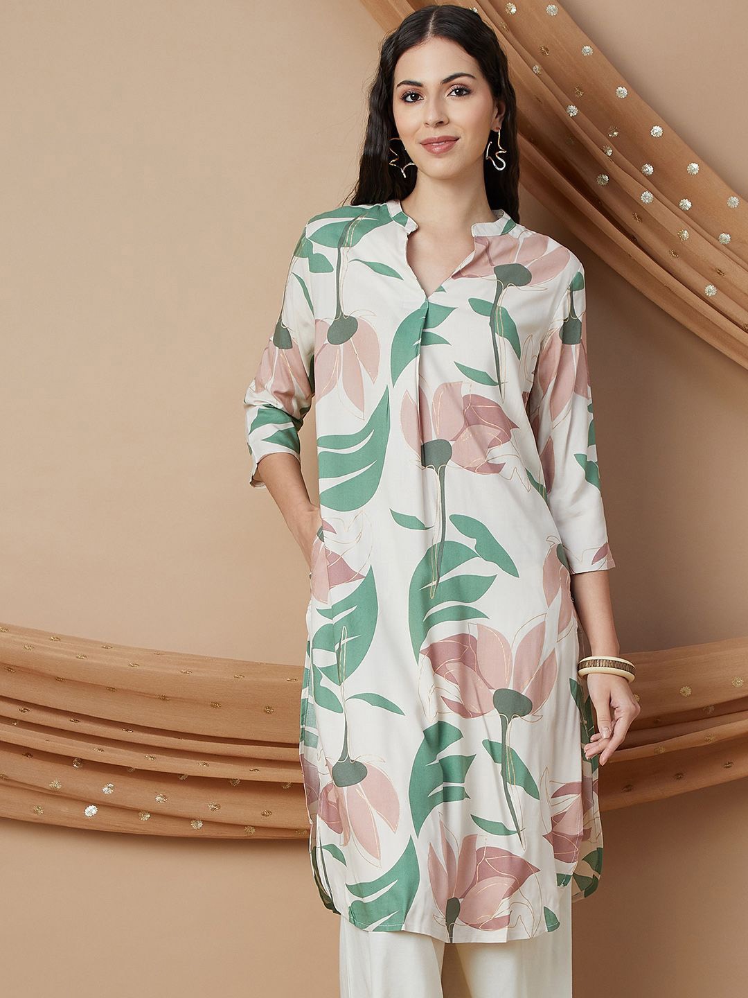 

Melange by Lifestyle Mandarin Collar Floral Printed Straight Kurta, White